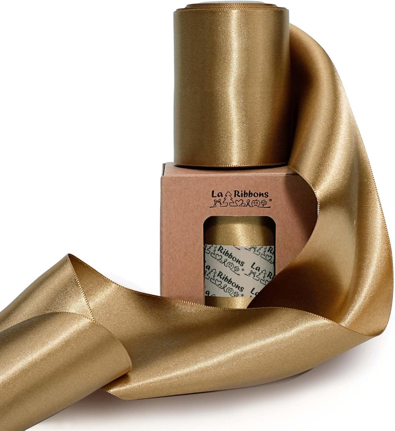 LaRibbons Pale Gold Satin Ribbon 3 Inch 10 Yards Double Faced Luxury Pale Gold Silk Ribbon for Gift Wrapping Flower Bouquets Bow Christmas Wedding Party Decoration