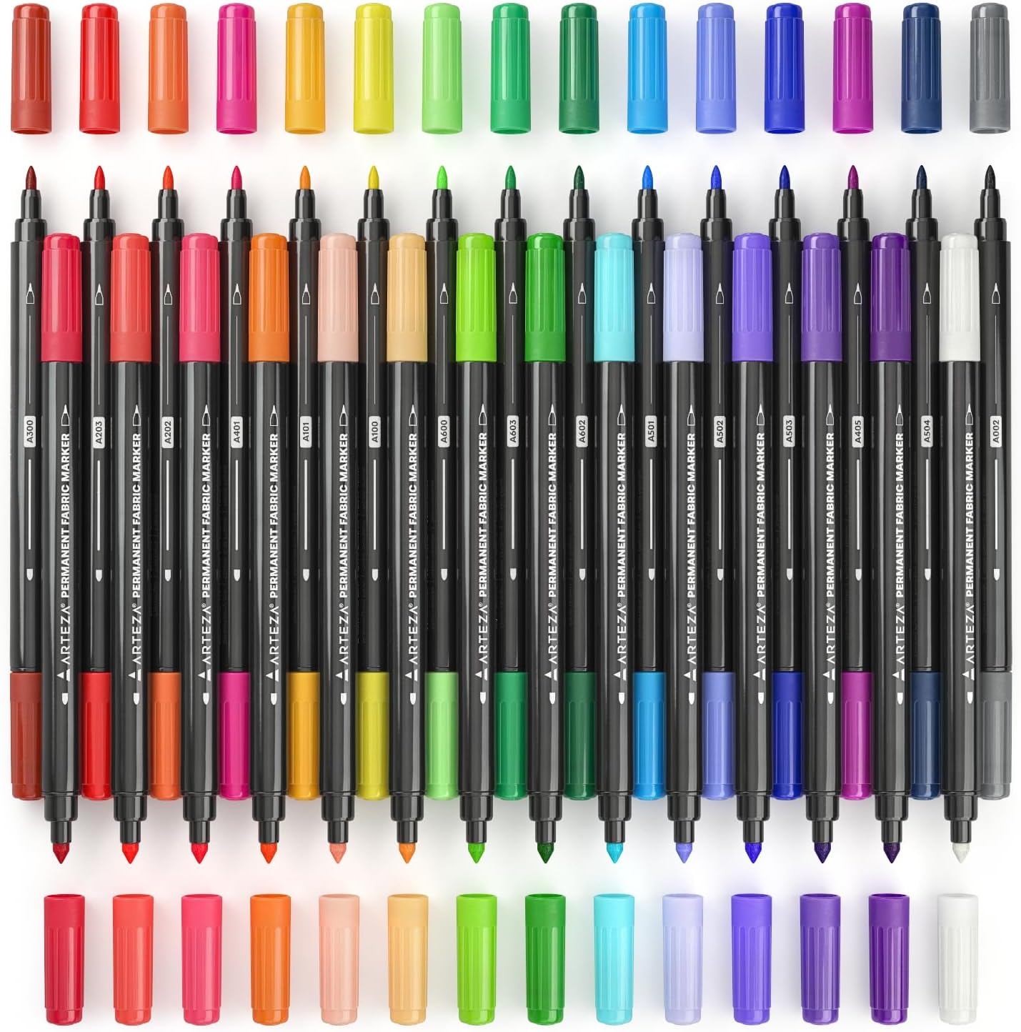 ARTEZA Fabric Markers, Set of 30, Colored Permanent Textile Markers, Dual-Tip Pens for Coloring T-Shirts, Jeans, Jackets, Backpacks