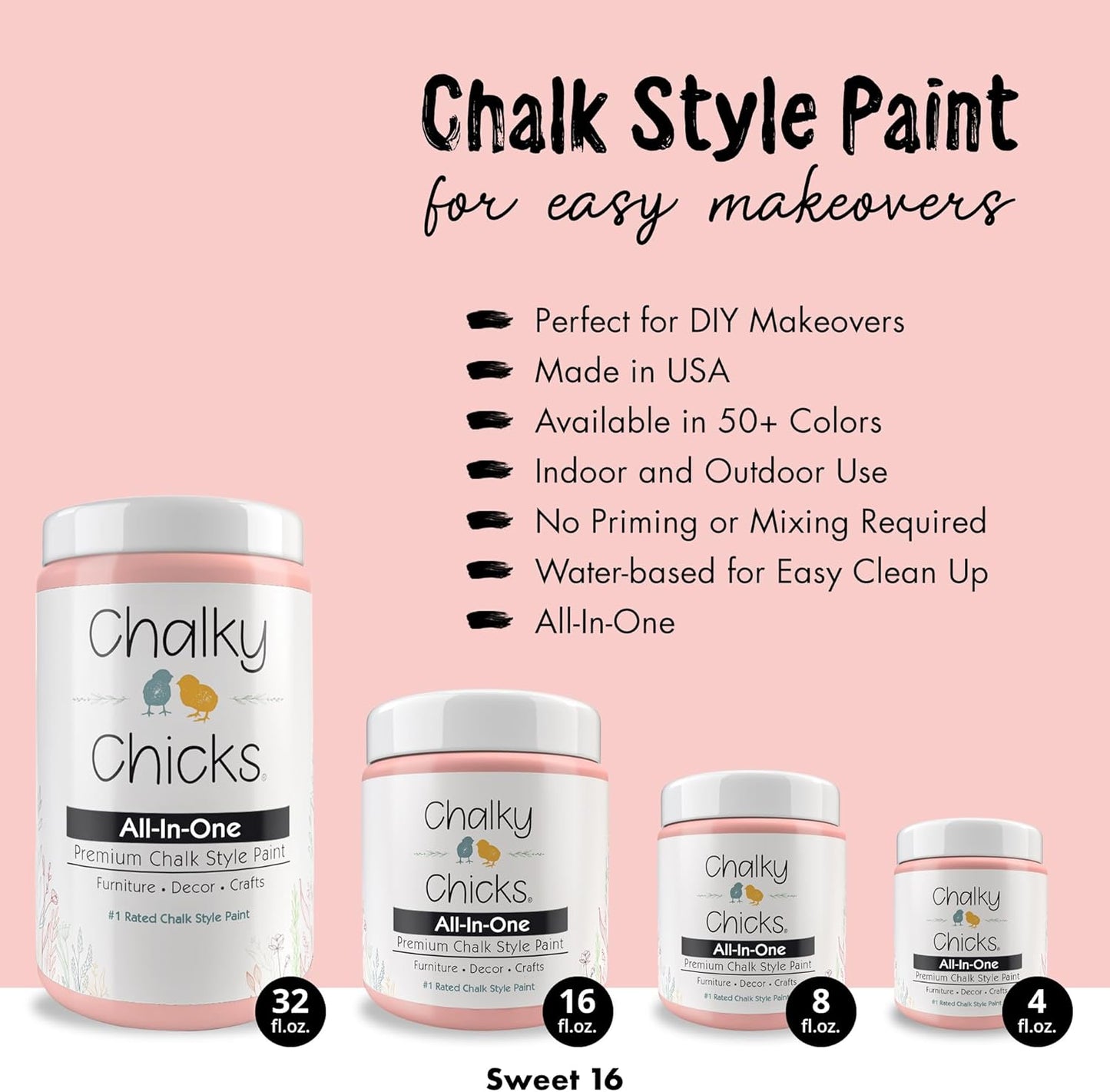 Chalky Chicks All-in-One Chalk Paint for Furniture or Cabinet - 4 Fl Oz - Matte Finish Sweet 16 (Pink) for Metal, Wood Furniture Paint - No Sanding All-in-One for Home Decor & Crafts, USA Made