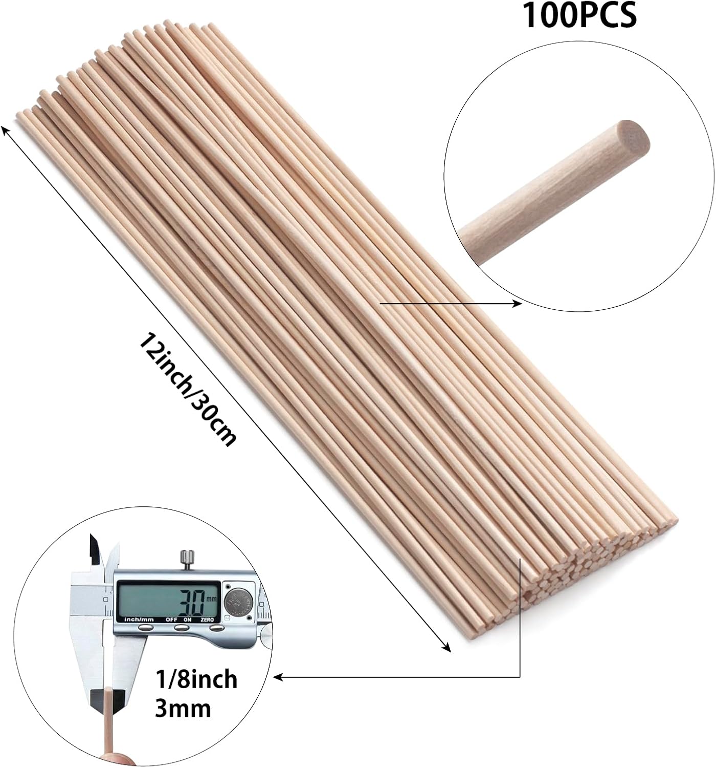 Wood Dowel Rods Wooden Dowels Wooden Sticks for Crafts 1/8 x 12, 100 PCS Round Wood Sticks for Crafting, Lollipops, Tiered Cake, Small Unfinished Hardwood Sticks for Arts and Crafts, Photo Props