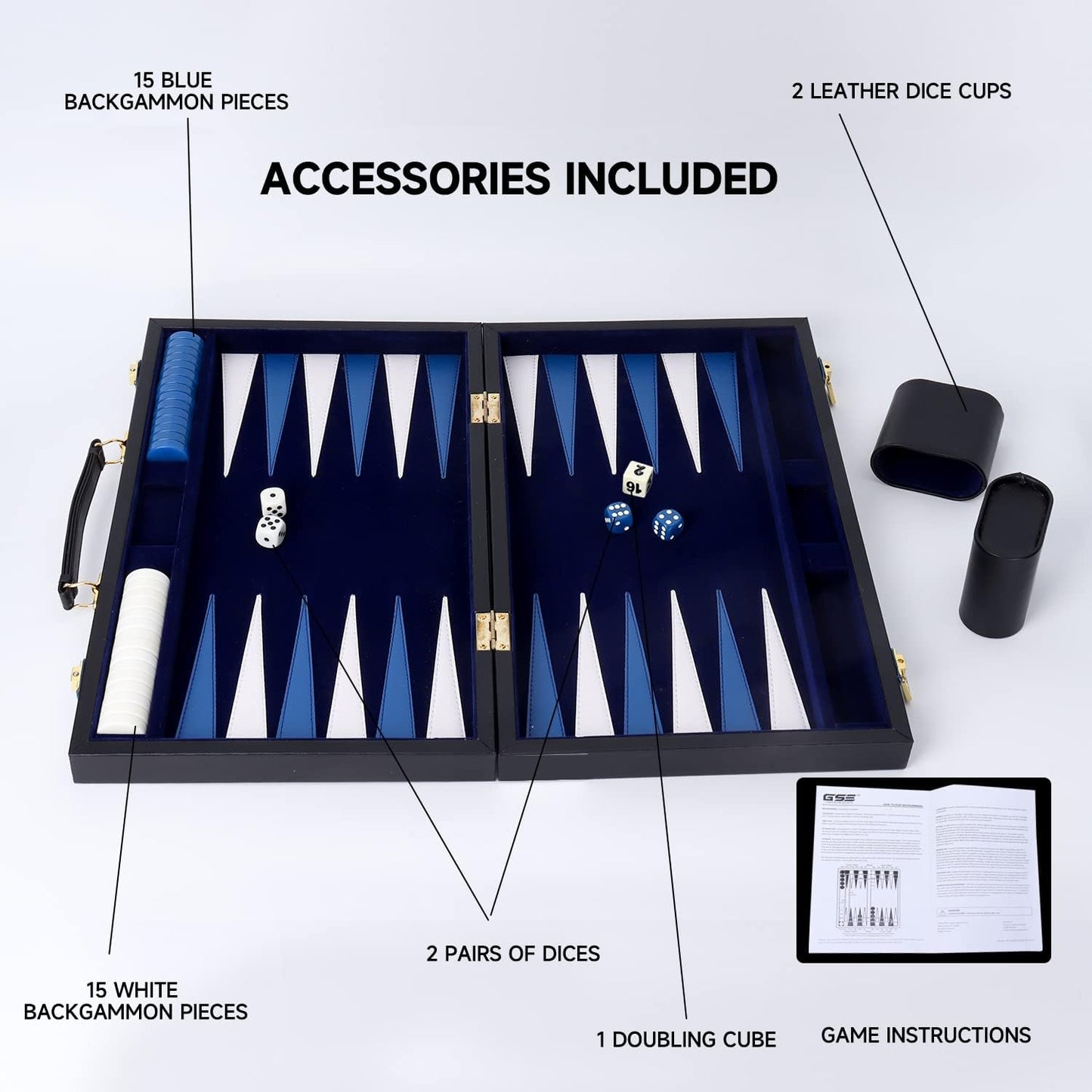 GSE Games & Sports Expert Premium Leather Backgammon Board Game Set, Classic Backgammon Game Set with Leather Case, Travel Folding Board Game (Black&Blue, Medium)