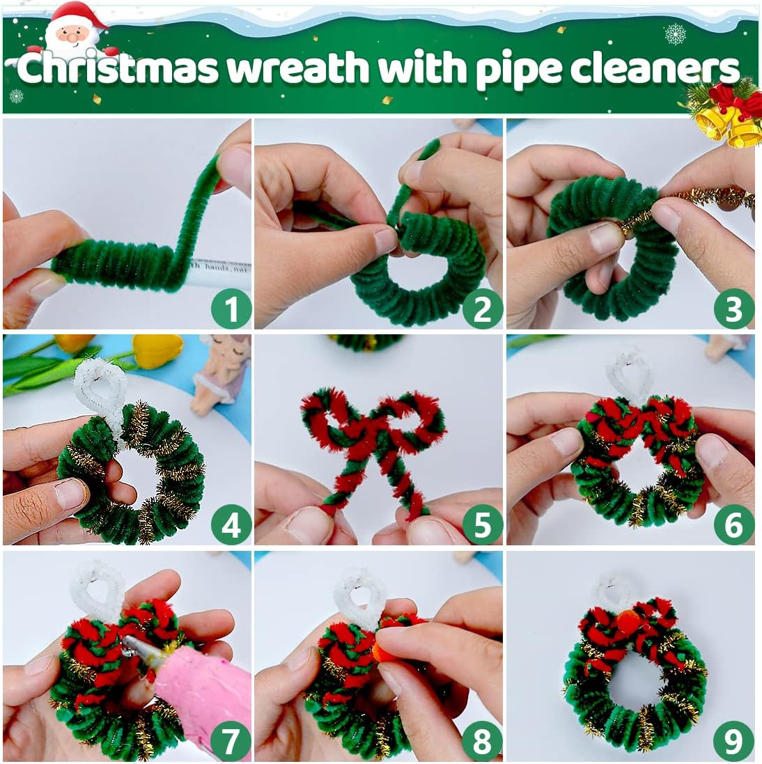 Iooleem 200pcs Christmas Green Pipe Cleaners, Chenille Stems, Pipe Cleaners for Crafts, Pipe Cleaner Crafts, Art and Craft Supplies.