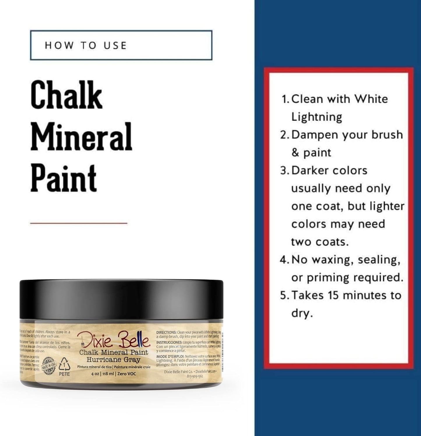Dixie Belle Paint Company Chalk Finish Furniture Paint - Hurricane Gray (4oz) - Matte Medium Gray Chic Chalk Mineral DIY Furniture Paint
