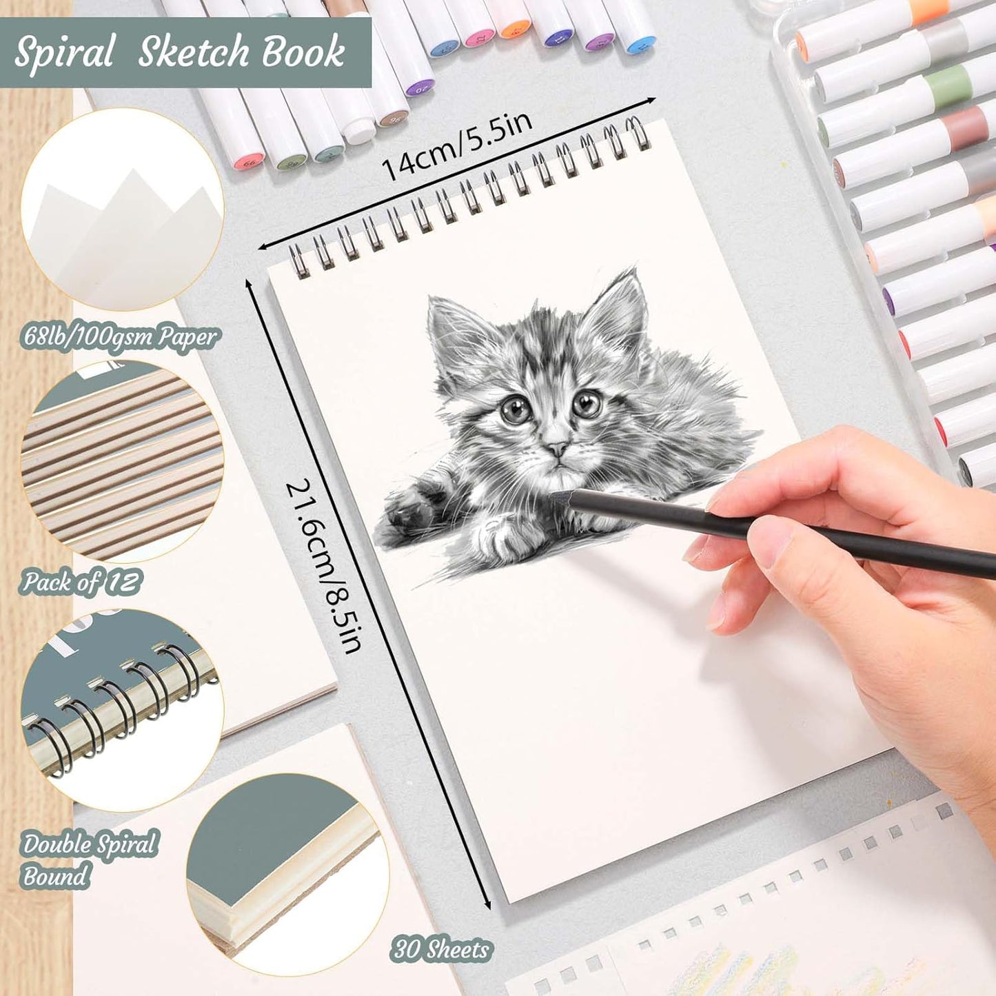12 Pack Sketch Book, 5.5 x 8.5 Inch Sketchbook, 68lb/100gsm Top Spiral Bound Sketch Pad, Acid Free Art Supplies Drawing Painting Sketching Paper for Kids, Adults, Beginners, Artists (30 Sheets Each)