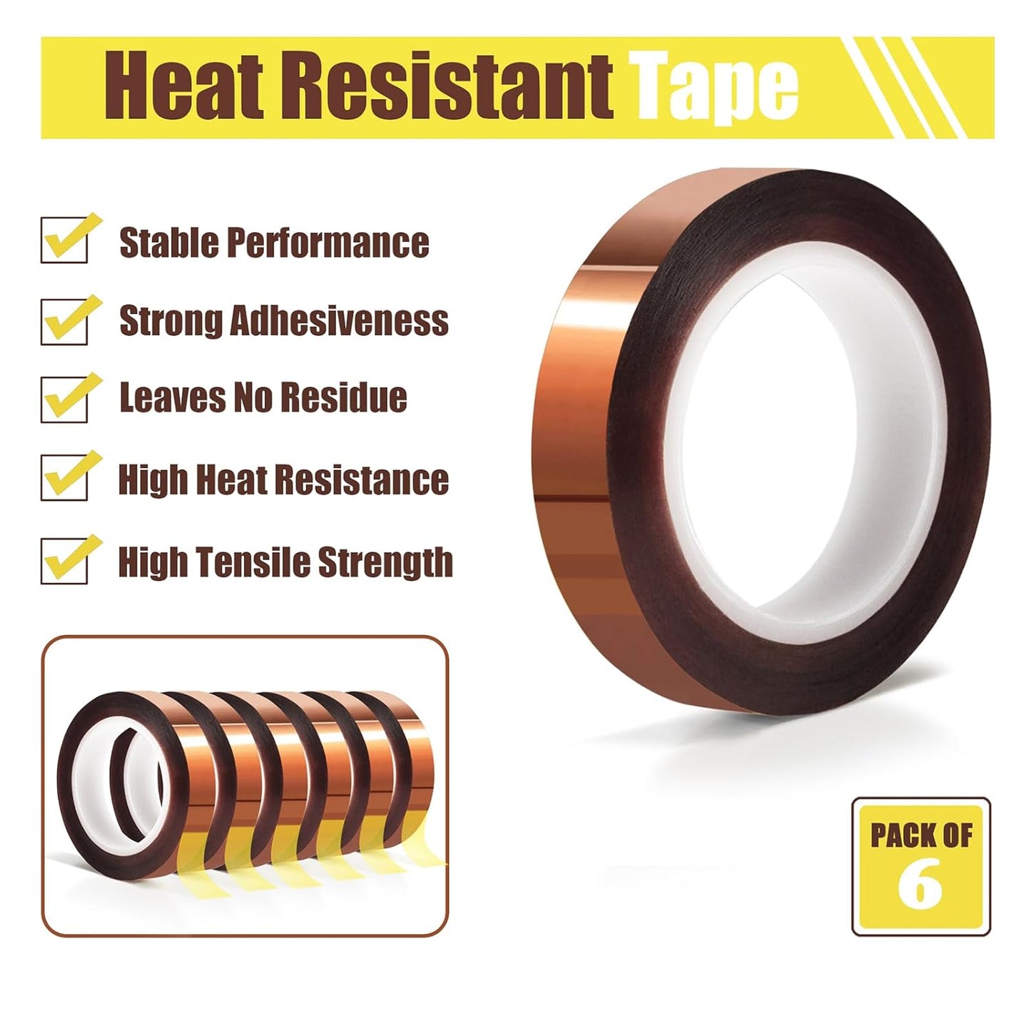 6 Rolls 10mm x16m(52FT) Heat Tape High Temperature Heat Resistant Tape Heat Transfer Tape for Heat Sublimation Press Vinyl,No Residue