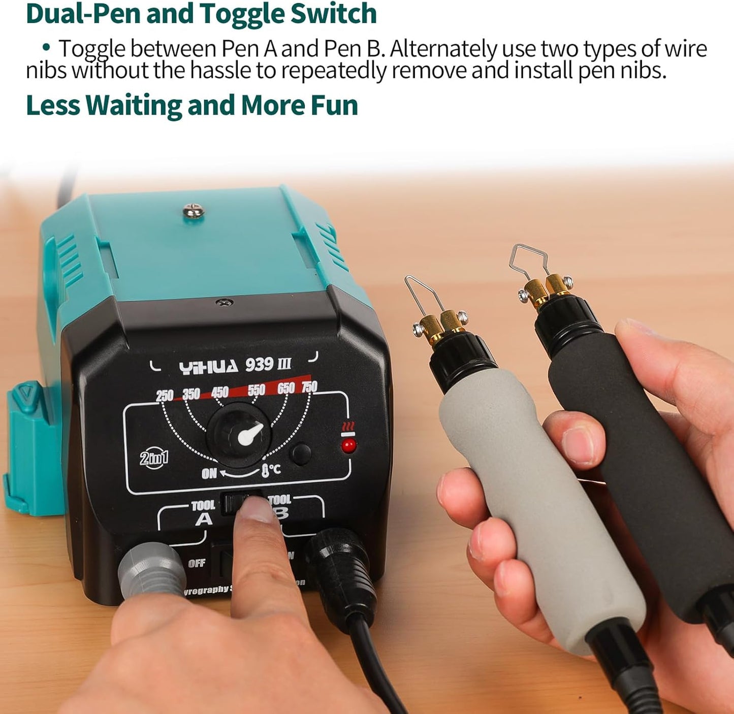 YIHUA 939 III Dual Pen Pyrography Station 2-in-1 Wood-Burning Tool with Two Wood-Burning pens 250-750°C Temperature Adjustable 20 Detailer nibs and 7 Essential Accessories and Tools Included