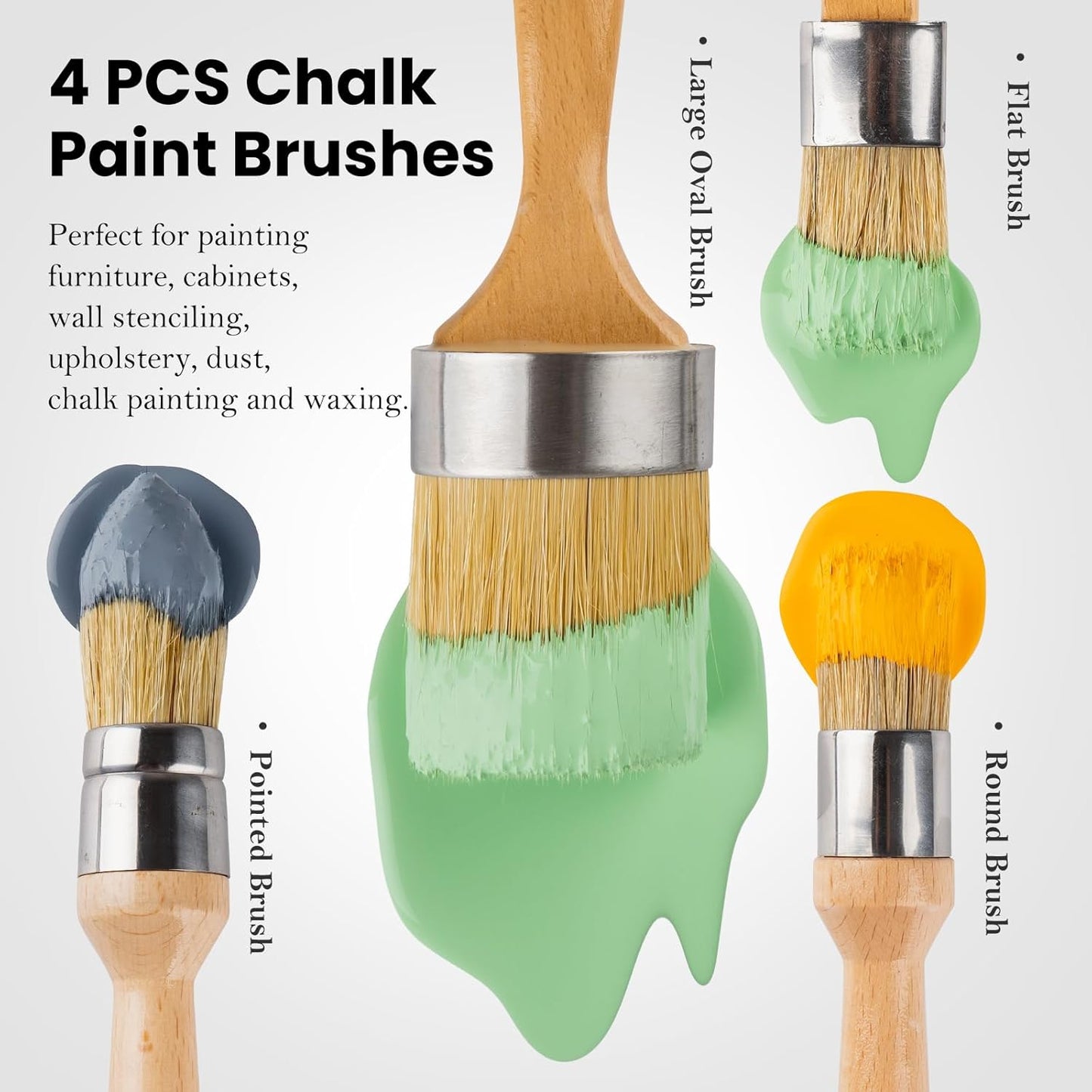Chalk and Wax Paint Brush Furniture Set of 4, Small Round and Large Oval Brush with Natural Bristles, Perfect for Painting or Waxing Furniture, Ideal for Home Decor