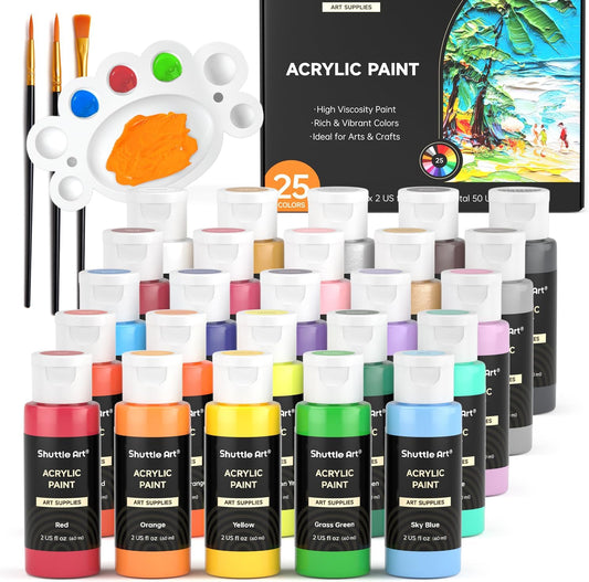 Shuttle Art Acrylic Paint, 25 Colors Acrylic Paint Set, 2oz/60ml Bottles, Rich Pigments Paint for Artists, Beginners and Kids on Canvas Rocks Wood Ceramic Fabric