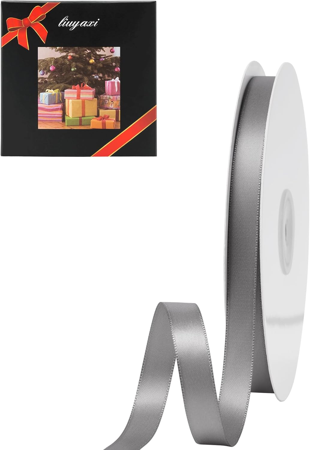 LIUYAXI Silver Double Faced Satin Ribbon, 3/8" X Continuous 25 Yards, Ribbons Perfect for Gift Wrapping Bows Bouquet Wedding Decor DIY Craft and More