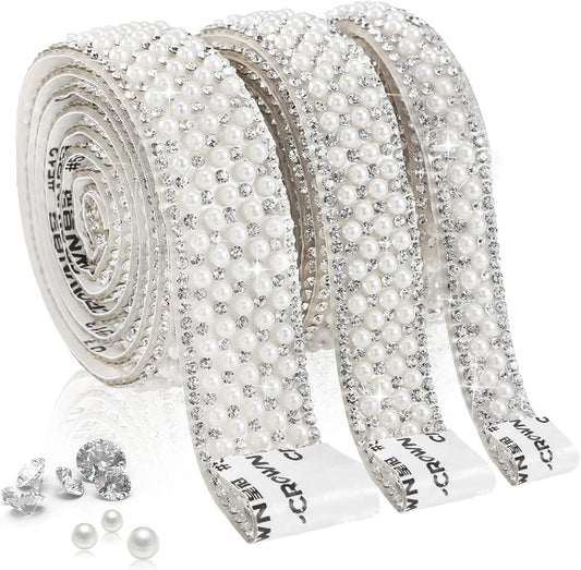 3 Rolls Pearl and Rhinestone Ribbon Self Adhesive,Pearls for Crafting,Bling Crystal Tape with Pearl Trim,DIY Rhinestone Stickers for Wedding, Party,Phone,Shoes,Crafts Decoration
