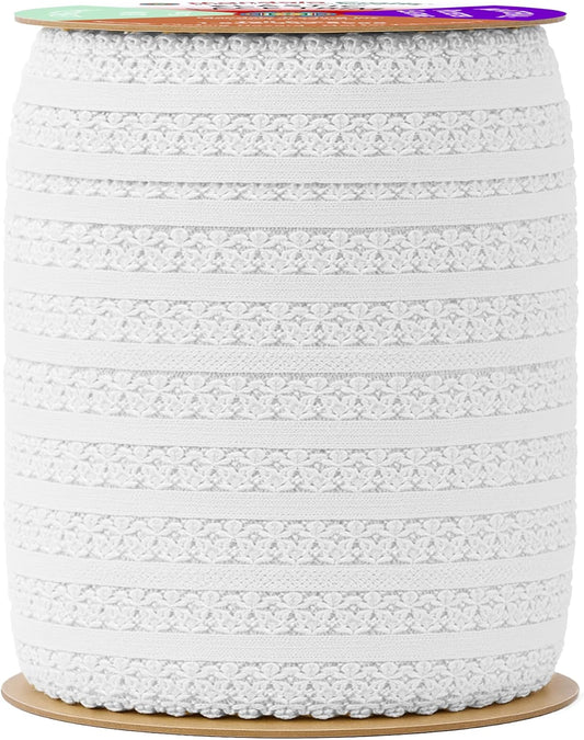 Mandala Crafts White Stretch Lace Soft Elastic Trim Roll, 55 Yards 1 Inch Wide Stretchy Frilly Picot Ribbon for Sewing Lingerie, Headbands, Underwear, and Crafts