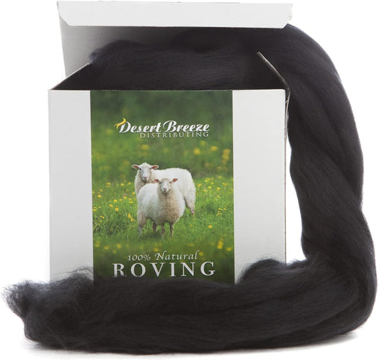 Desert Breeze Distributing – 100% Natural Merino Wool Roving, Wool for Spinning, Tapestry Yarn, Needle Felting, Wet Felting, Big Yarn Roving, 19 Micron, 70mm Staple Length, 8 OZ Size, Raven Black