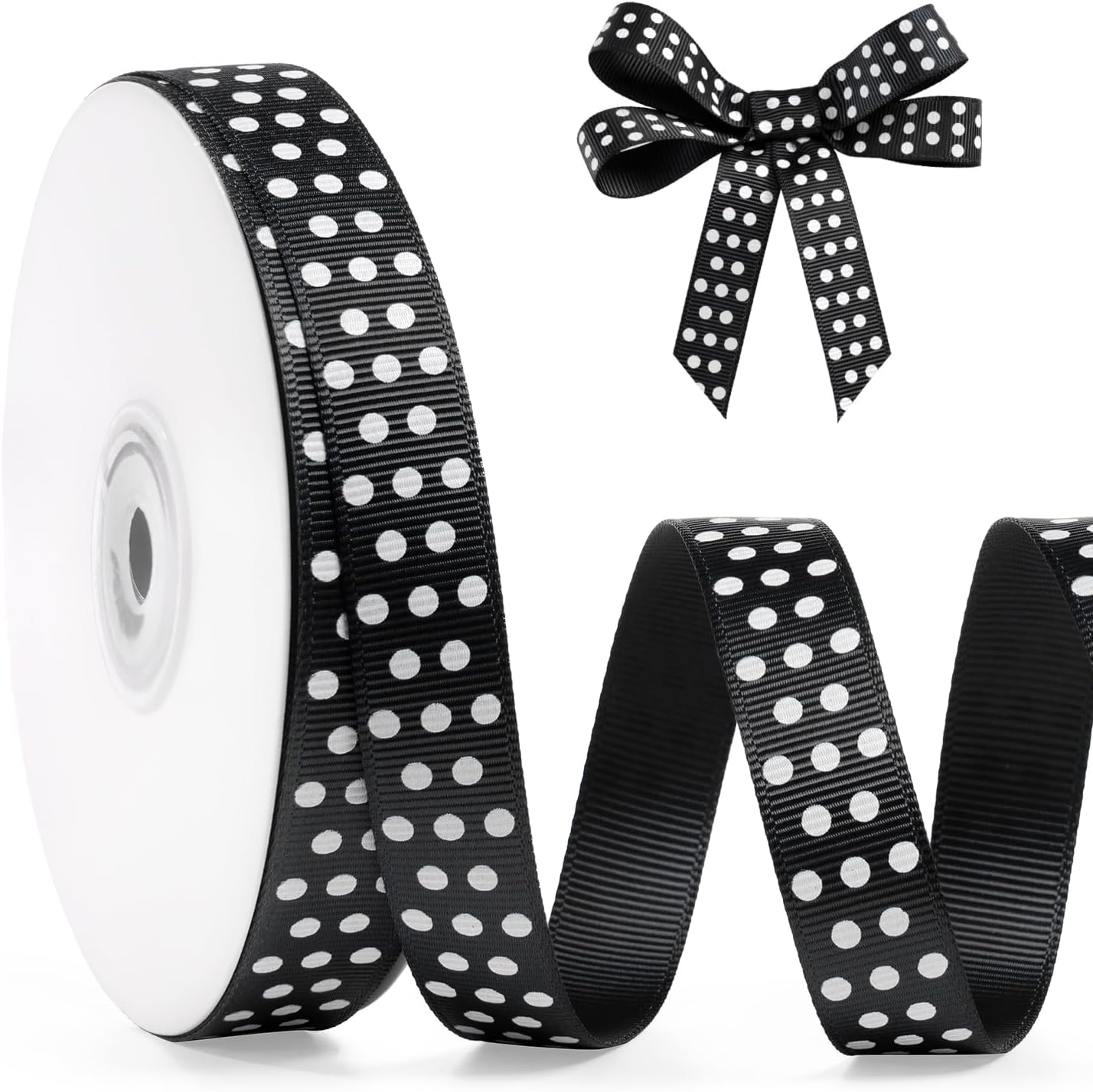 Polka Dot Grosgrain Ribbon 5/8 Inch, 25 Yards Spool Black and White Dot Craft Ribbon for Christmas Gift Wrapping DIY Crafts Hair Bows Wedding Party Decor Sewing and Home Decoration