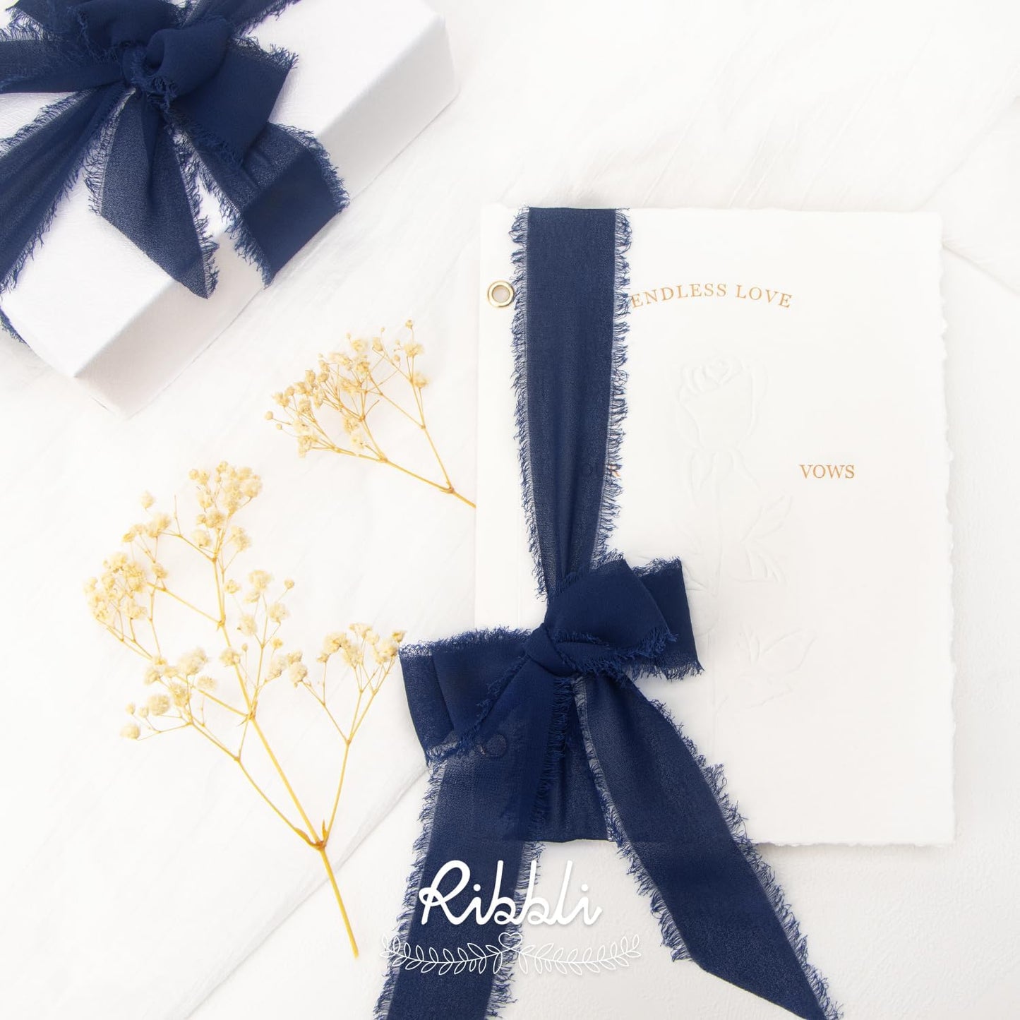 Ribbli Navy Chiffon Ribbon 1-1/2 inch x 20 Yard Handmade Fringe Chiffon Silk Ribbon,Navy Ribbon for Wrapping, Wedding Invitations, Bridal Bouquets, Home Decor