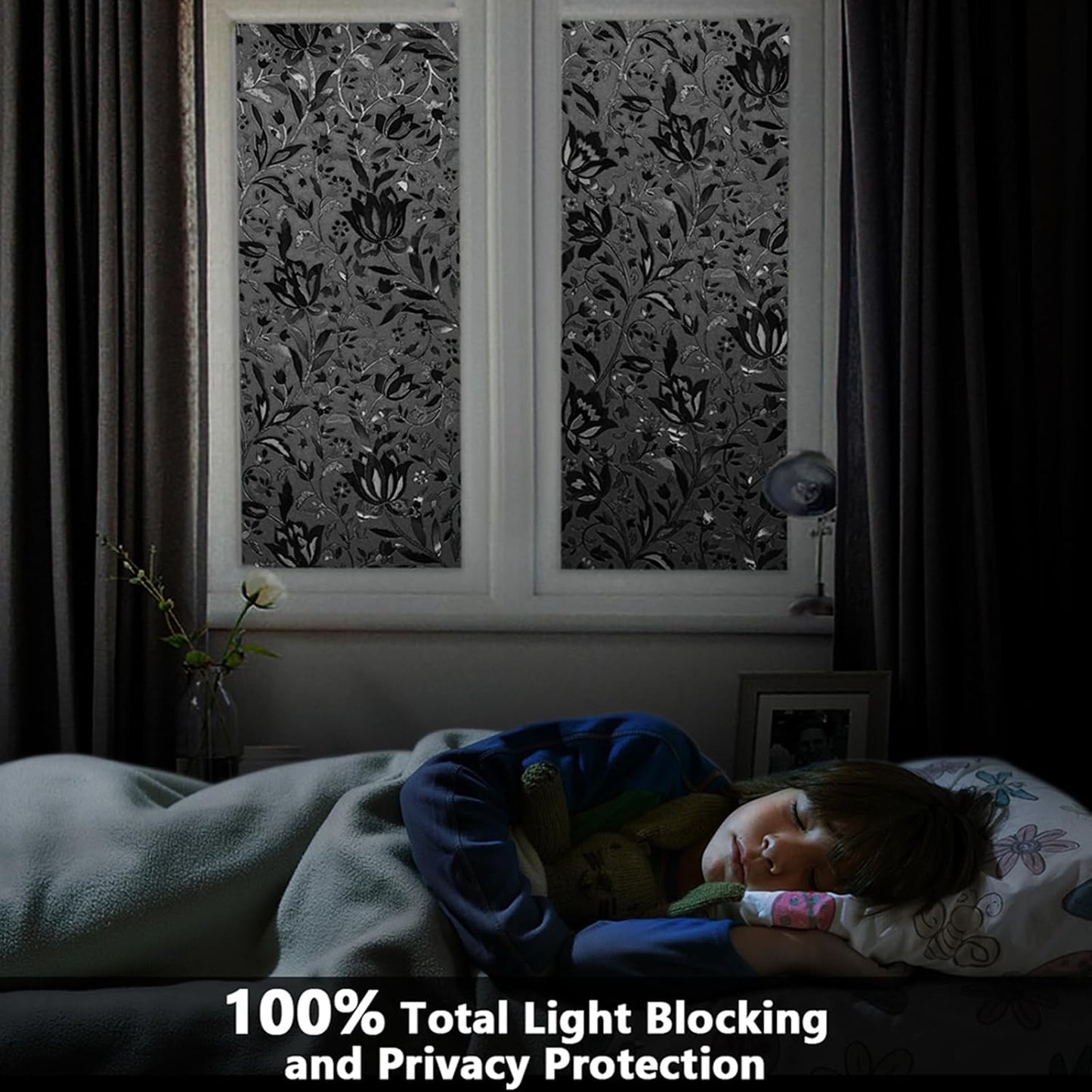 LEMON CLOUD Total Blackout Window Film - 100% Opaque Frosted Privacy Film for High Privacy, Removable Static Cling (Tulip Design, 17.5 x 78.7 Inches)