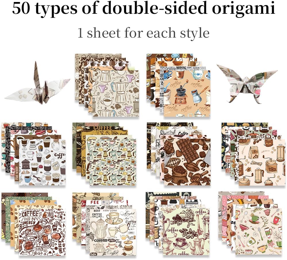 Square Origami Paper 6x6 Double Sided 50 Sheets 50 Colors 70GSM Origami Kit Japanese Chiyo Easy Fold Arts Crafts DIY Handwork Beginner Coffee