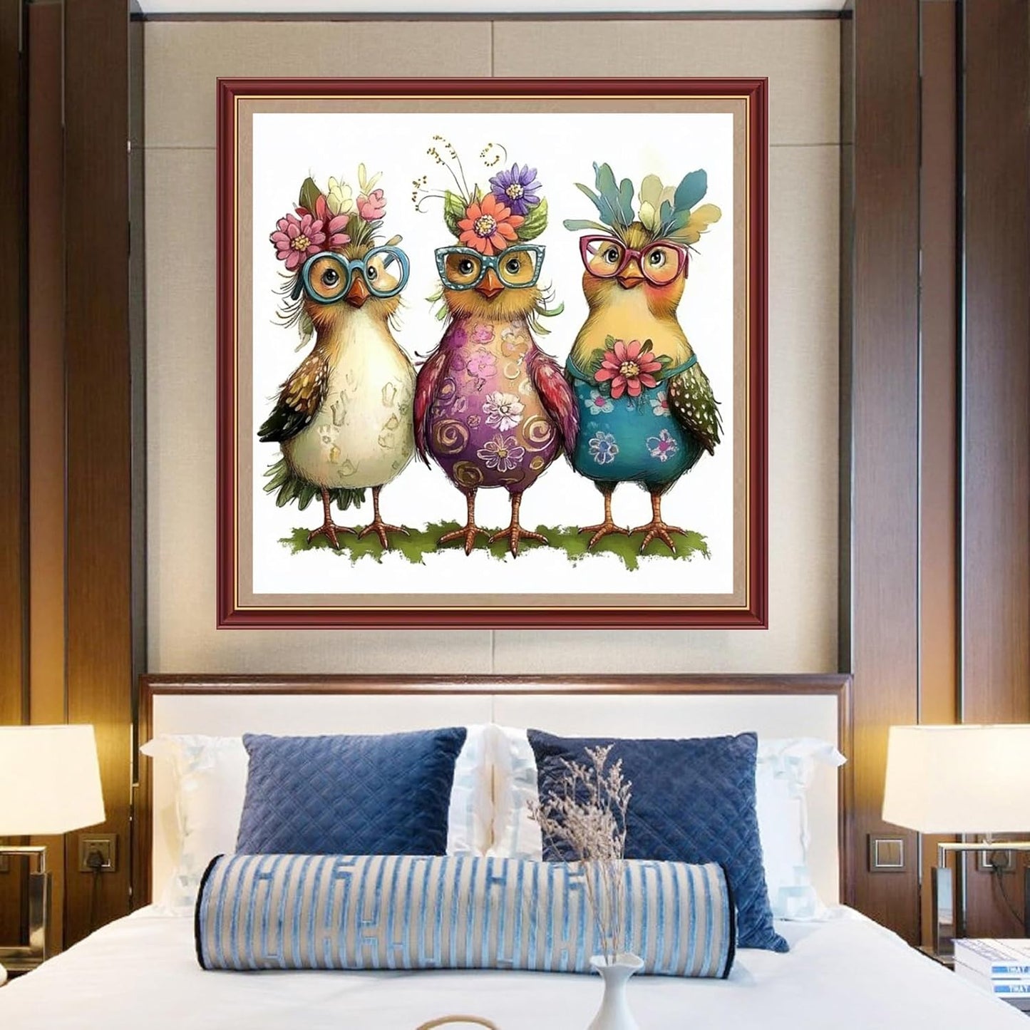 DMCXART Counted Cross Stitch Kits for Adults Needlepoint Kits Unprinted Cross Stitching Embroidery Kit 11CT Cross Stitch Supplies-Three Floral Chicks 18x18 inch