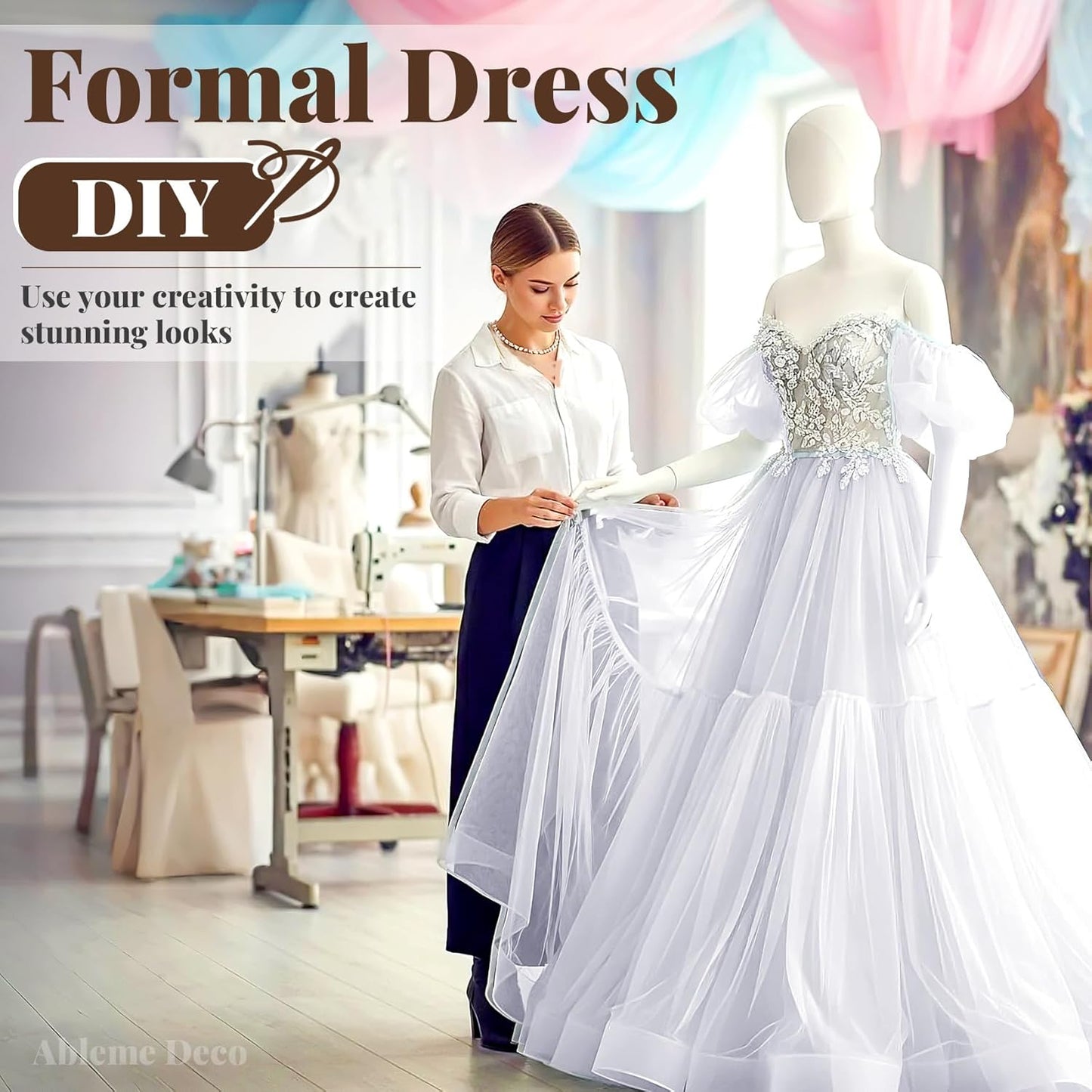 Organza Fabric by The Yard, 60 Inch Wide 3 Yards (9 ft) Long Sheer Fabric for DIY Sewing Projects Wedding Decorations Party Backdrops Curtains (White)