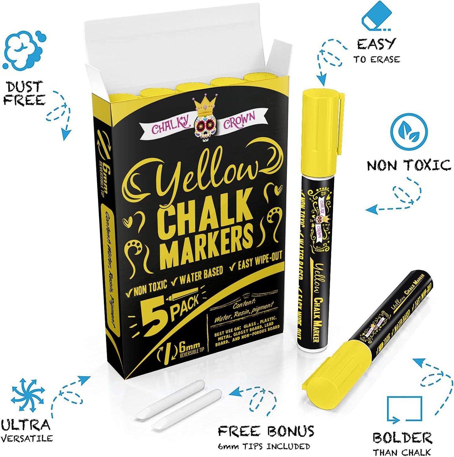 CHALKY CROWN Liquid Chalk Marker Pen - Dry Erase Marker - Chalk Markers for Chalkboard Signs, Windows, Blackboard, Glass - 6mm Reversible Tip (Yellow, 5 Pack)