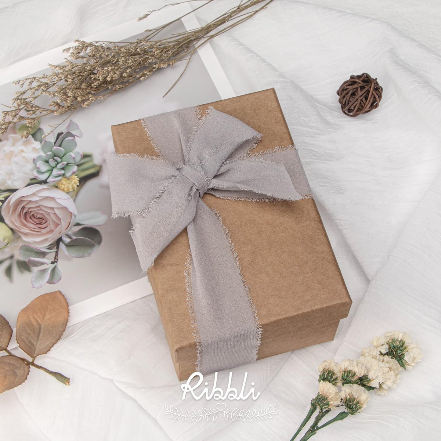 Ribbli Light Grey Chiffon Ribbon 1-1/2 inch x 20 Yard Handmade Fringe Chiffon Silk Ribbon for Wedding Invitations, Bridal Bouquets Wrapping, Flower Arrangement Decoration