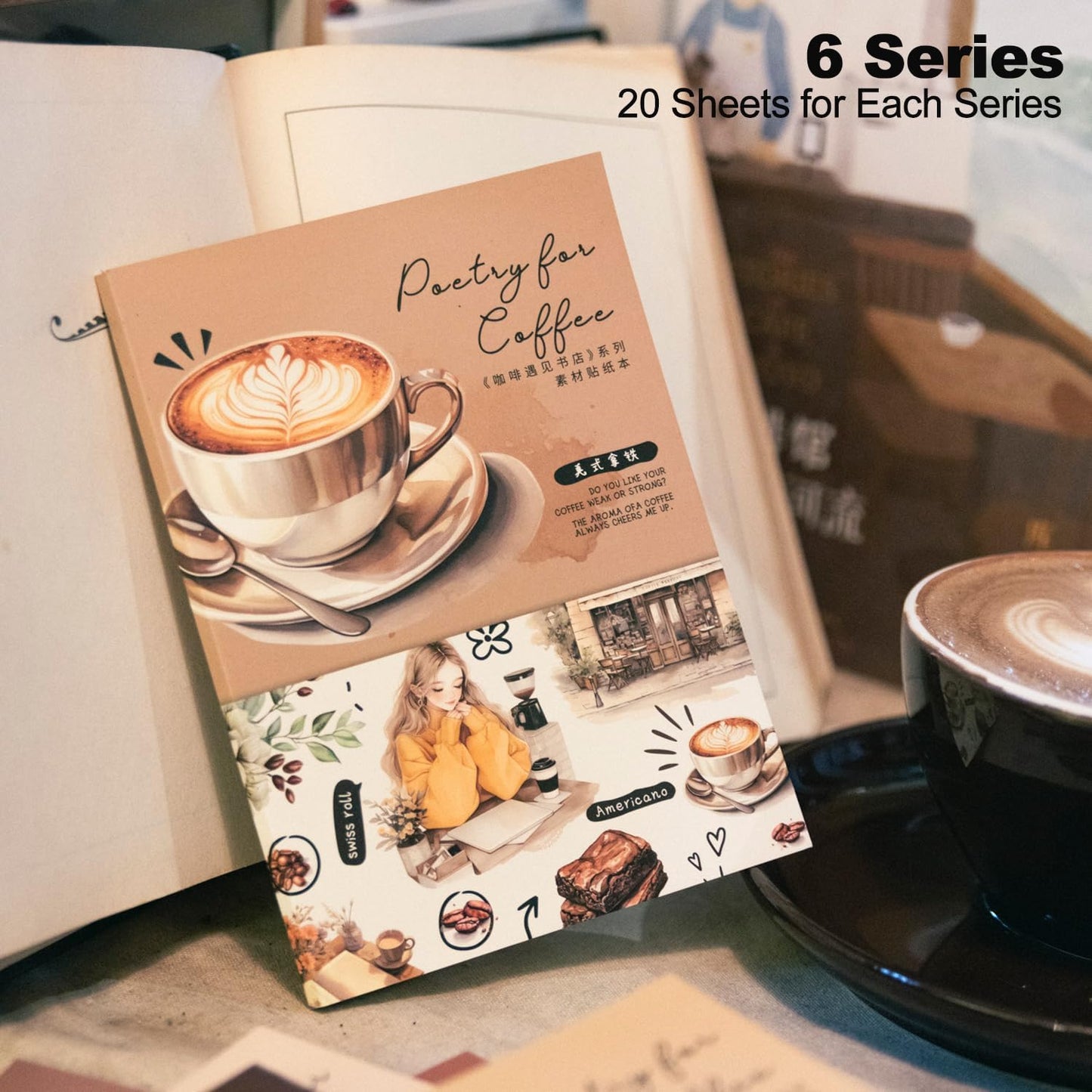 6Pcs Coffee Sticker Books, PET&Washi Stickers for Scrapbooking, DIY Crafts, Journaling Supplies & Junk Journal Ephemera
