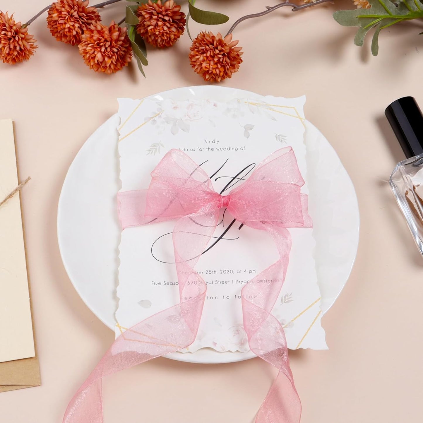 Ribbon for Gift Wrapping 3/4 inch Rose Gold Sheer Organza Ribbon for Flower Bouquet Tulle Thin Chiffon Ribbons for Wedding Invitations Christmas Halloween Presents Decorations Crafts 50 Yards