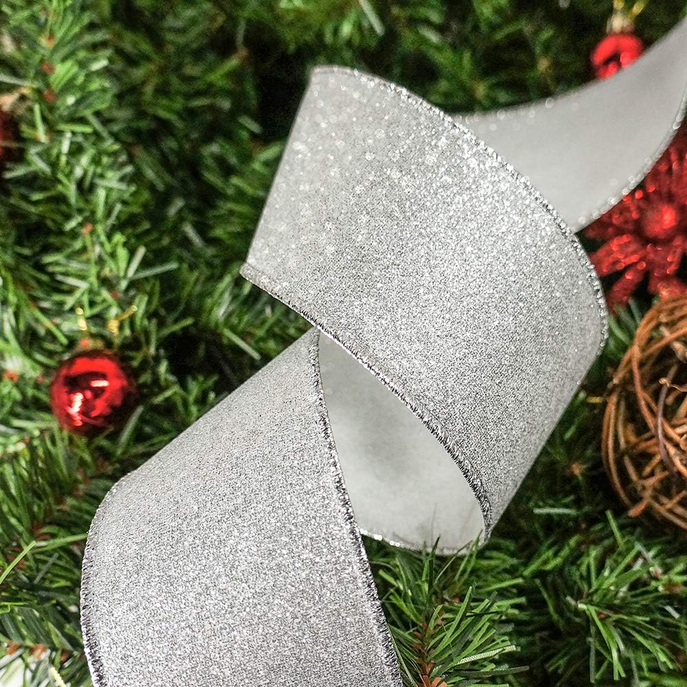 CT CRAFT LLC Glitter Wired Ribbon 2.5" x 10 Yards Silver for Christmas Home Decor Bow Gift Wrapping DIY Crafts Wreath