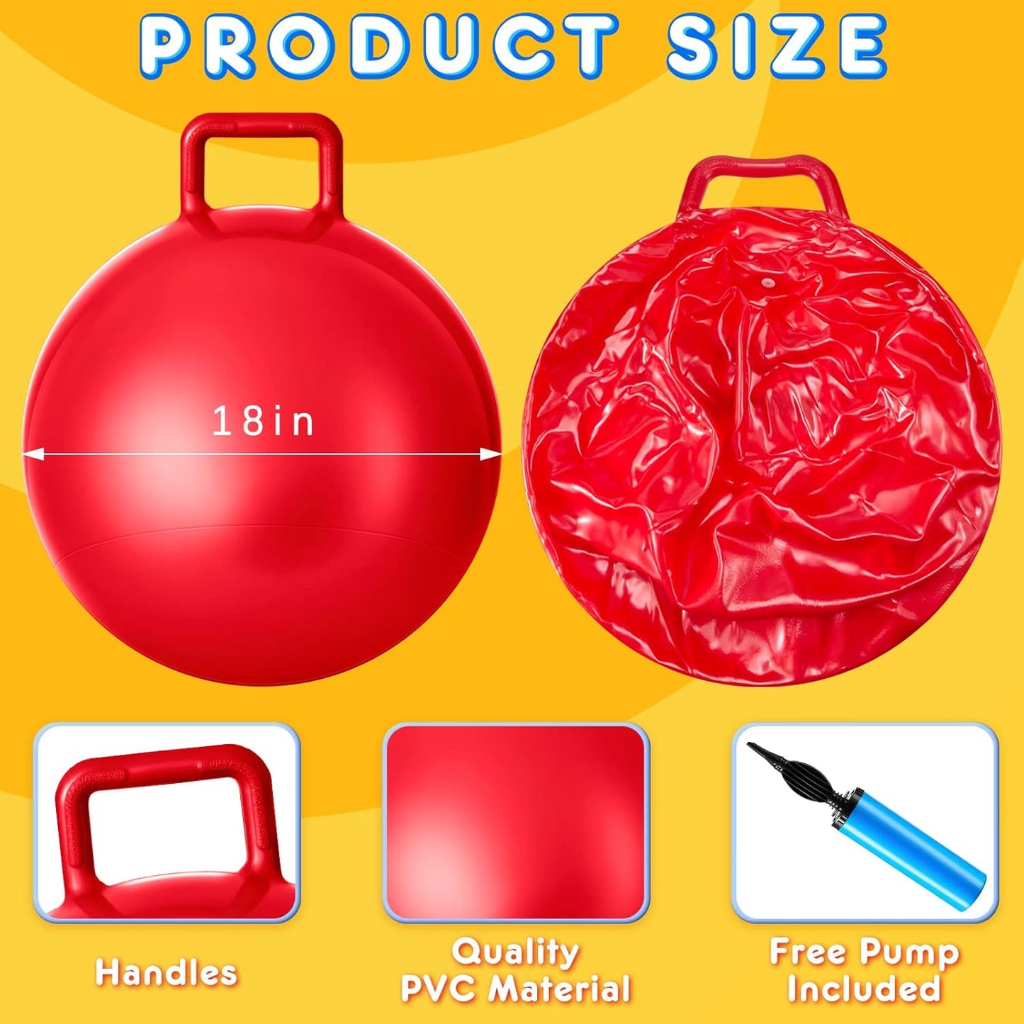 Lewtemi 3 Pcs 18 Inch Bouncing Ball with Handle, Outdoors Hopper Jumping Hopping Ball and Air Pump for Sports Exercise (Red, Blue, Yellow)