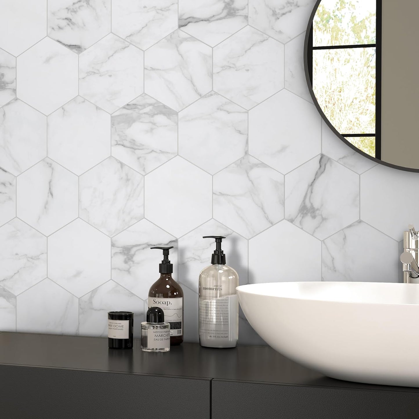45-Sheet Hexagon Peel and Stick Backsplash, 6" x 7" White Calacatta Marble Looks Self Adhesive Wall Tile, Stone Composite Stick on Decorative Mosaic Tile for Kitchen Bathroom Fireplace