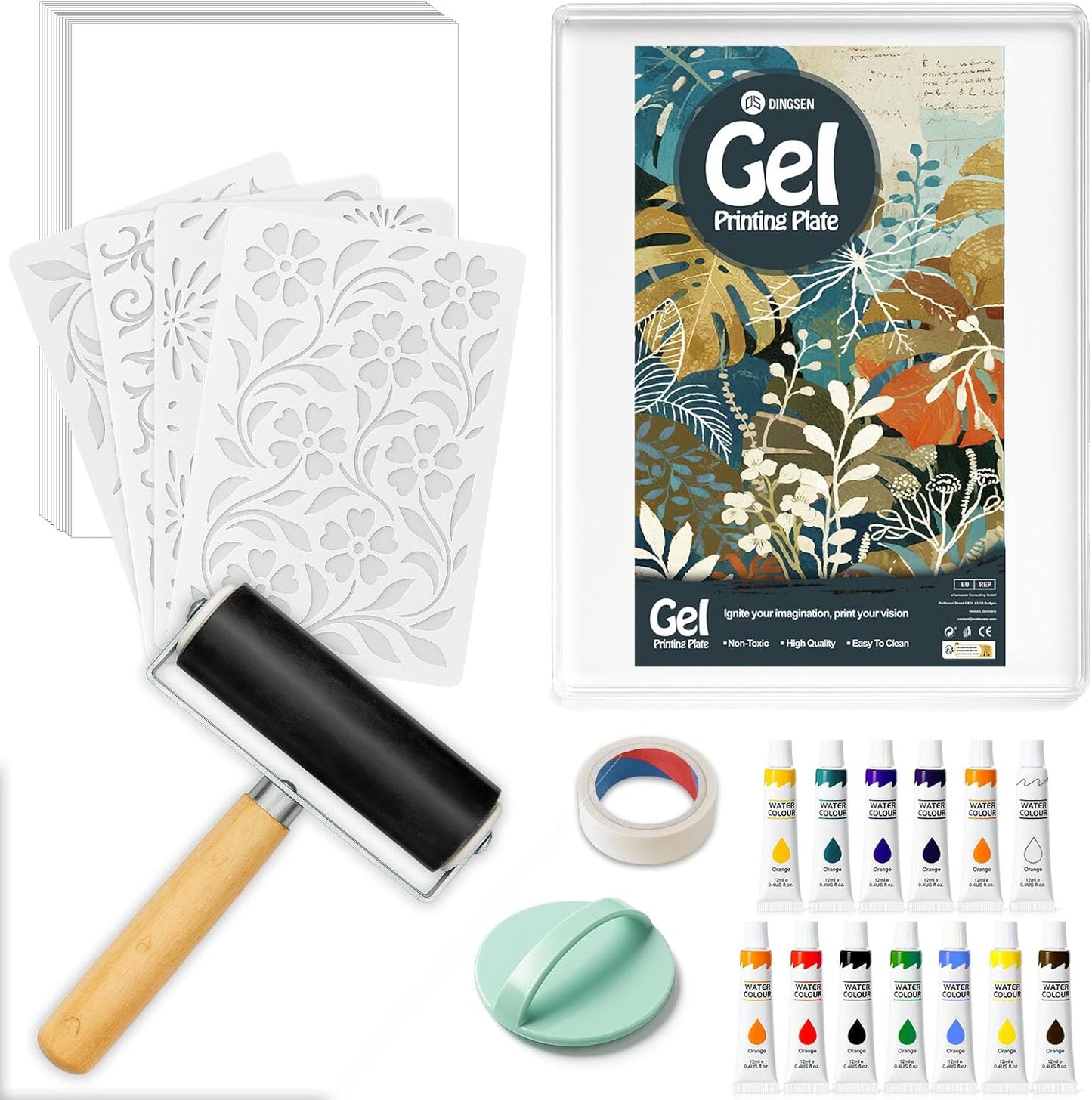 DINGSEN Gel Printing Plate Kit, Complete Printmaking Set with 5” X7” Gel Plate, Brayer, Acrylic Paint, A5 Printmaking Paper, and Essential Tools for Mixed Media Art, Monoprinting, Card Making