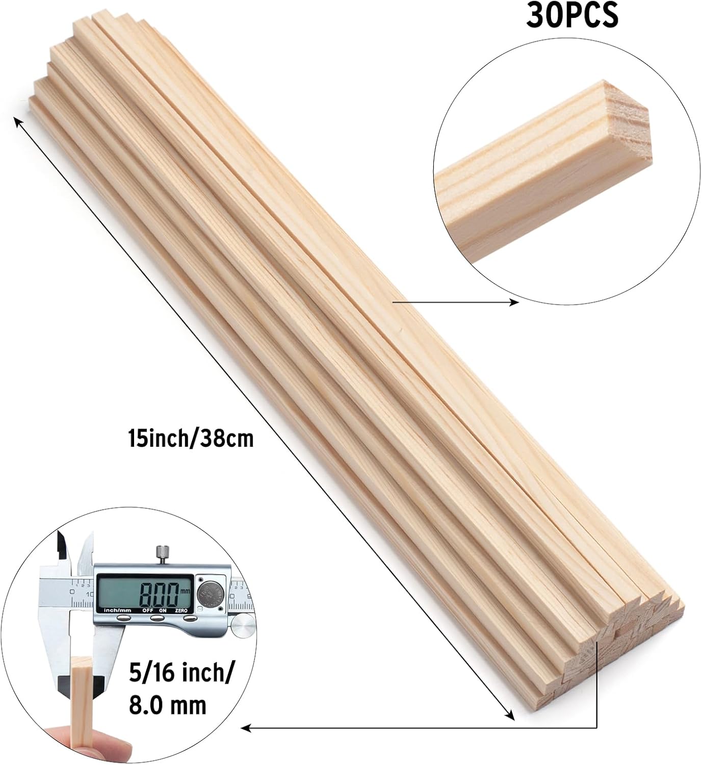 Square Wooden Dowels, Wood Dowel Rods 5/16" x 15", 30 PCS Square Wooden Sticks for Crafts, Wood Strips for Crafting, Unfinished Hardwood Sticks for Woodworking, Model Making, Home Decor