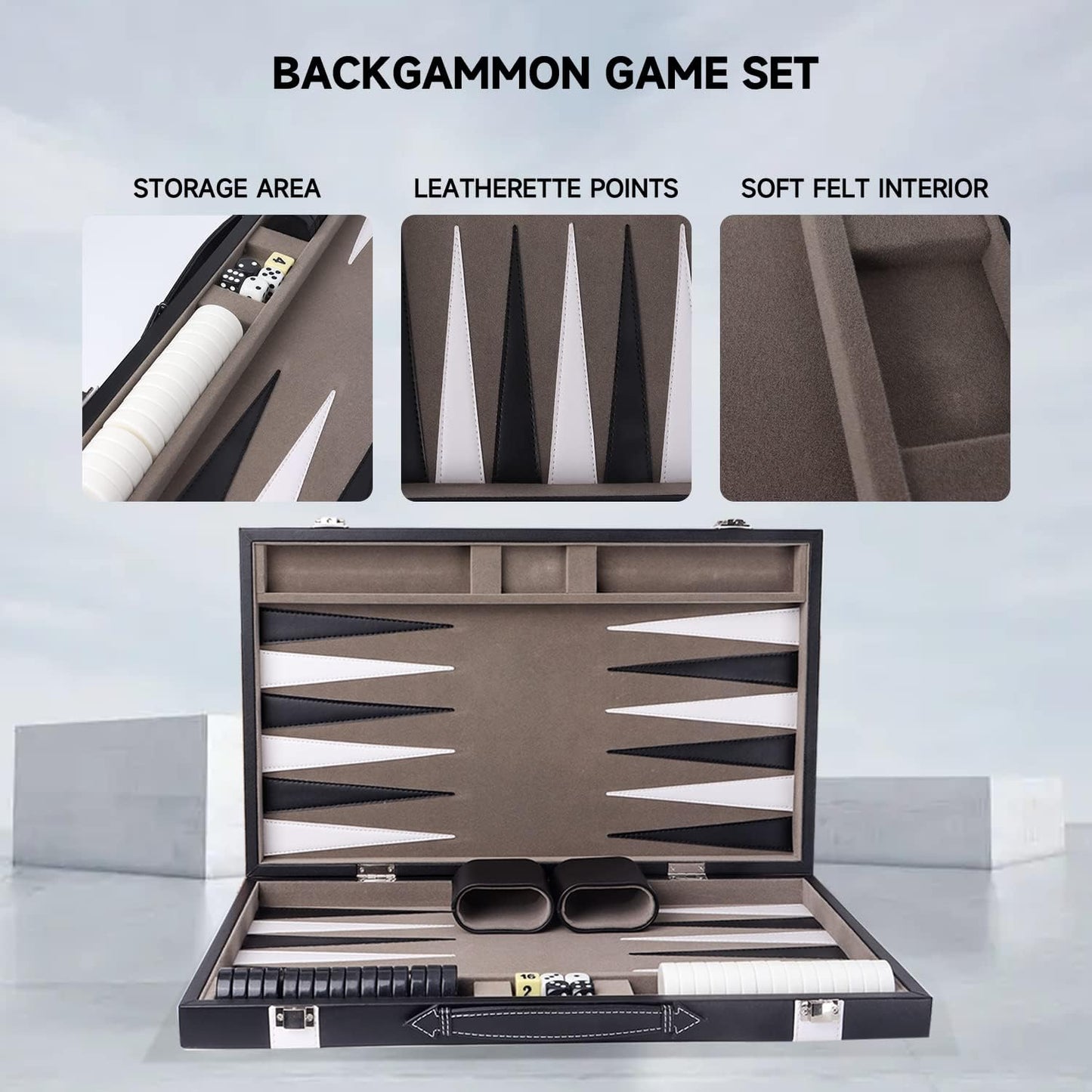 GSE Games & Sports Expert Premium Leather Backgammon Board Game Set, Classic Backgammon Game Set with Leather Case, Travel Folding Board Game (Black&Grey, Medium)