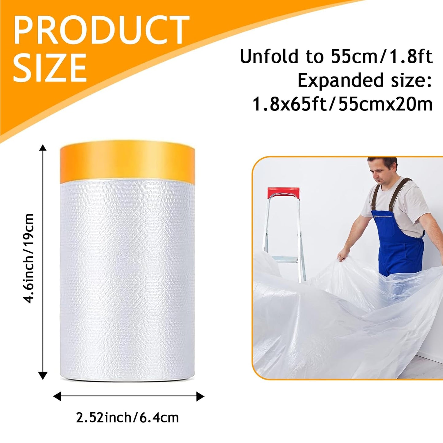 Pre-Taped Masking Film 22" x 66' for Painting,Plastic Automotive Tape and Drape,Paint Protection Film with Built-in Tape, Drip-Free Painting for Cars,Walls, Floors, Furniture（4 Rolls）