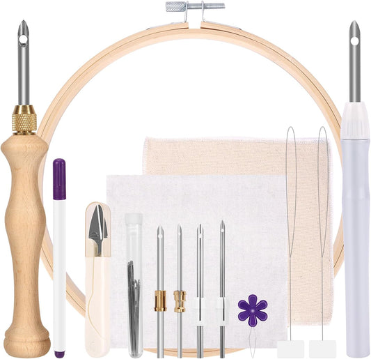 Pllieay 23 Pieces Punch Needle Kit, 2 Type Punch Needle Tool for Adults Beginner, Rug Tufting Kit, Adjustable Needle Punch Tool, Wooden & Plastic Handle Embroidery Pen for Embroidery Floss Cross Stit