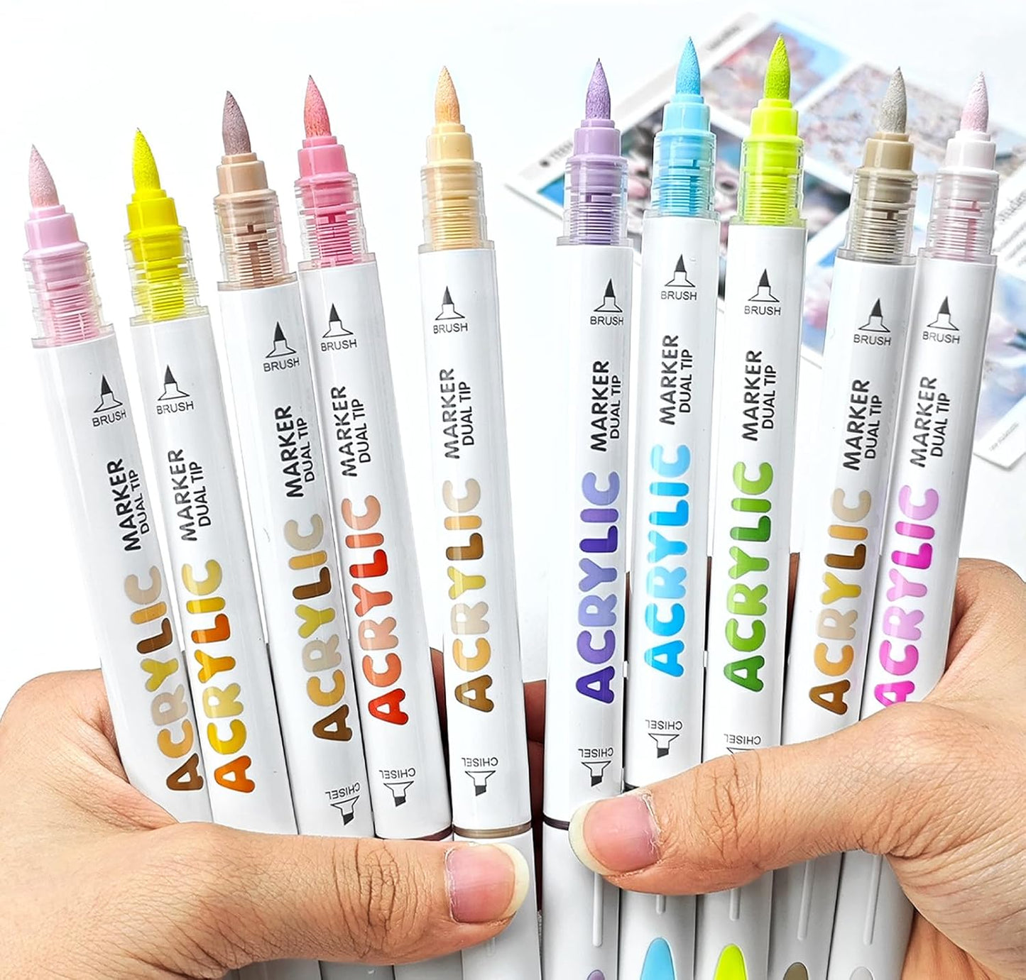 kander 12 Colors Dual Tip Acrylic Paint Markers, Reddish Brown Color — Extra Fine & Soft Brush Pen Set with Direct Ink Flow for Sketching, Detailing, Coloring on Wood, Canvas, Rock, Glass, DIY Crafts