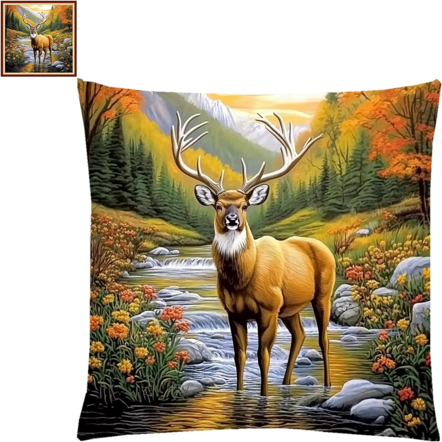 Stamped Cross Stitch Kits for Adults Beginners Pillow Needlepoint Kit with Embroidery Pattern Needlework Kit Prestamped Stitches Kit 11CT Cross Stitching-Lucky Deer 18x18 inch