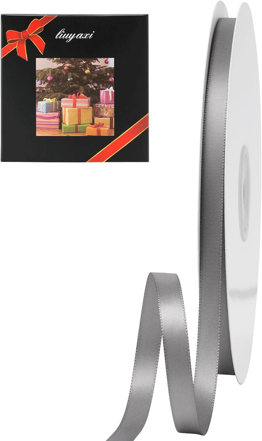 LIUYAXI Silver Double Faced Satin Ribbon, 1/4" X Continuous 50 Yards, Thin Ribbons Perfect for Gift Wrapping Wedding Invitation Card Hair Bows Tag Floral Arrangement DIY Craft