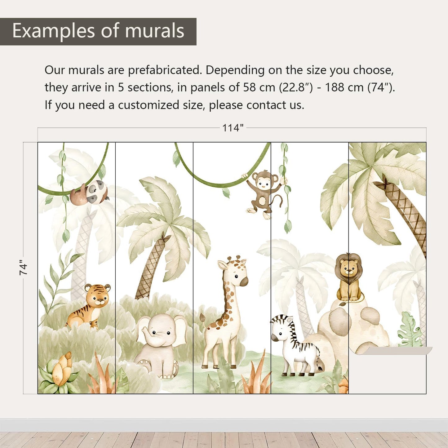AFZEVEB-Safari Wallpaper Watercolor Animal Nursery Wall murals for Kids Room 114"x74"(Not Peel and Stick)