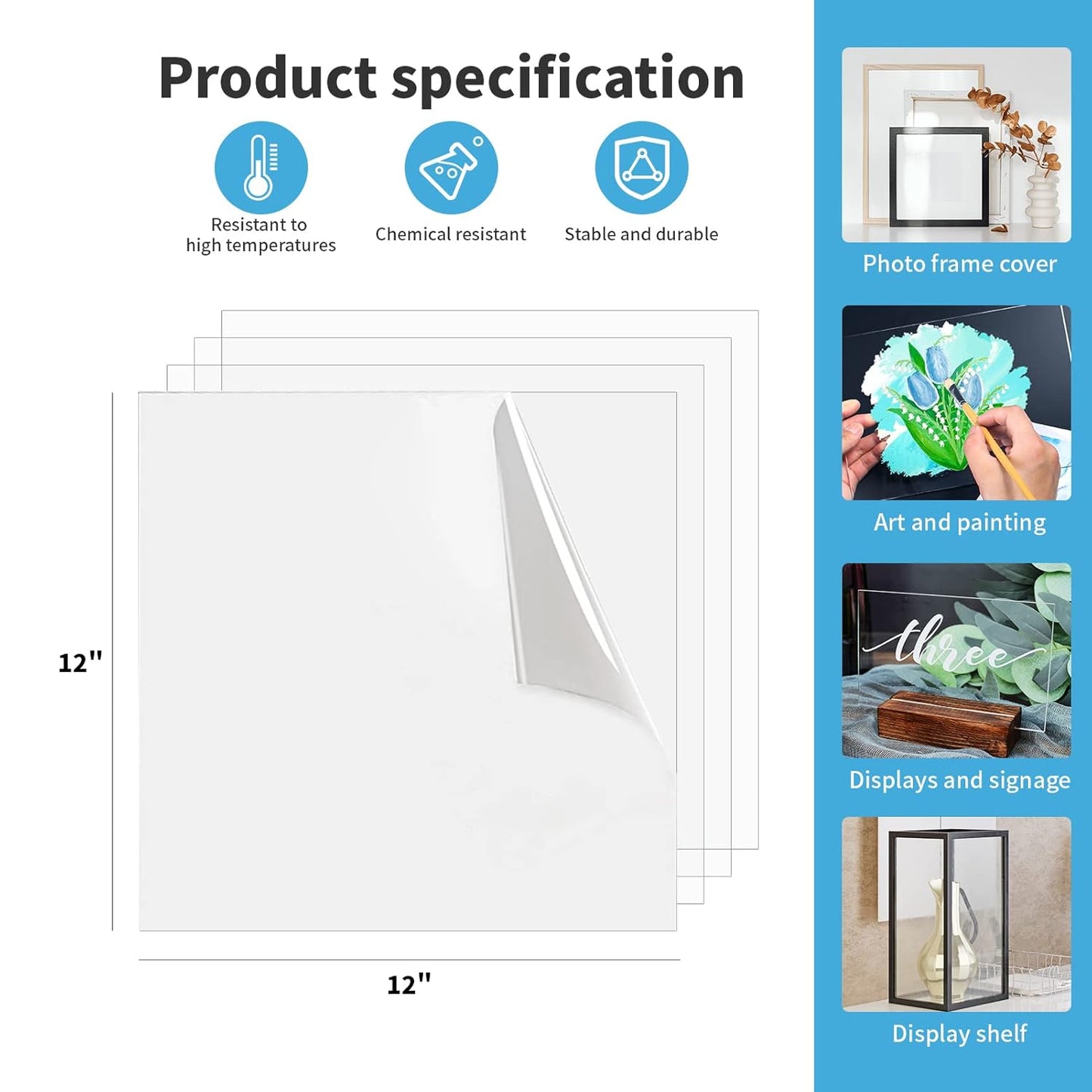 Art3d 10-Pack of 12×12" PET/Plexiglass Sheets, Transparent Clear Flexible Plastic Sheet Panels for Craft, Picture Frames, Sign Blank, DIY Display Project