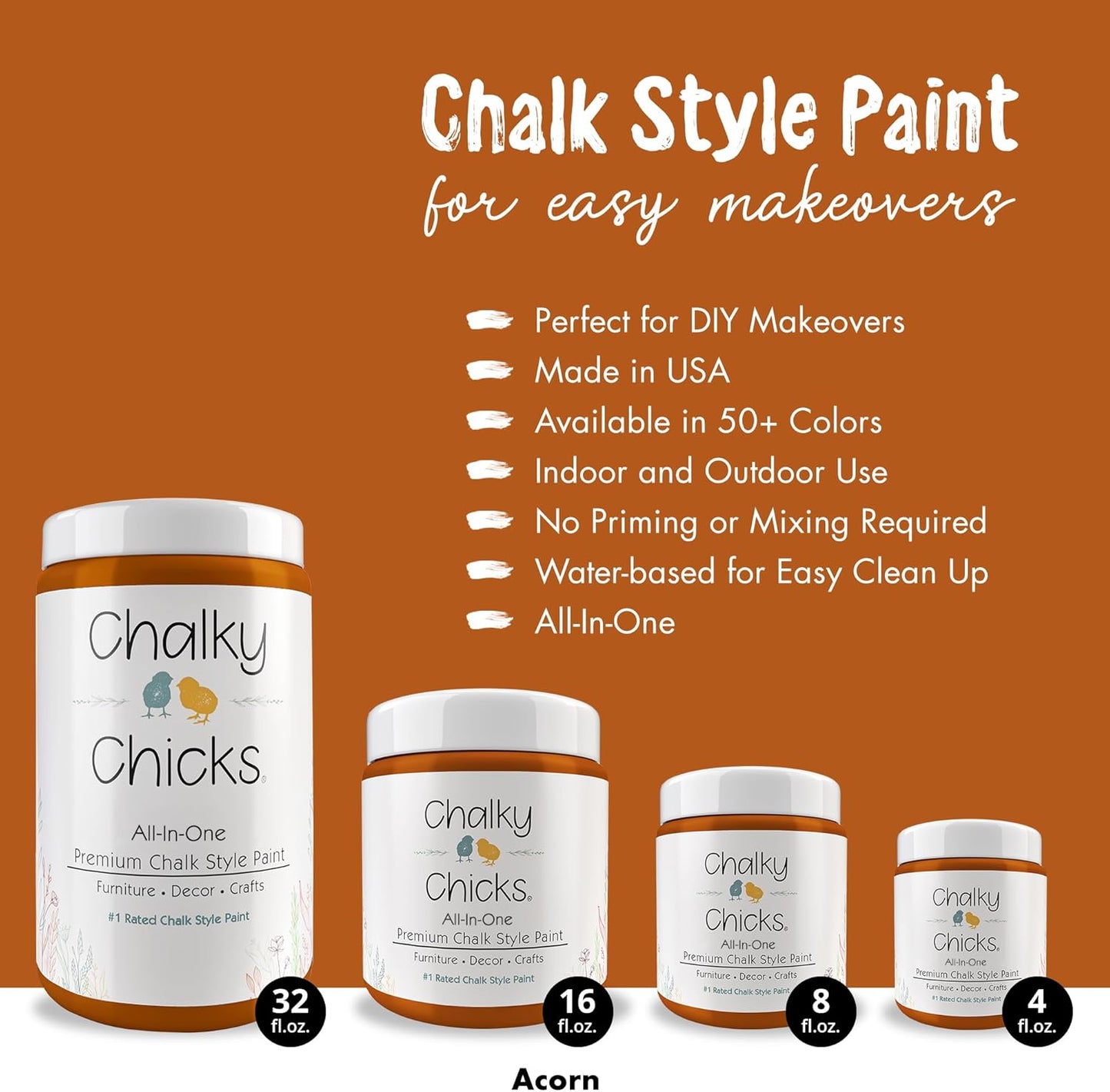 Chalky Chicks All-in-One Chalk Paint for Furniture or Cabinet - 8 Fl Oz - Matte Finish Acorn Orange for Metal, Wood Furniture Paint - No Sanding All-in-One for Home Decor & Crafts, USA Made