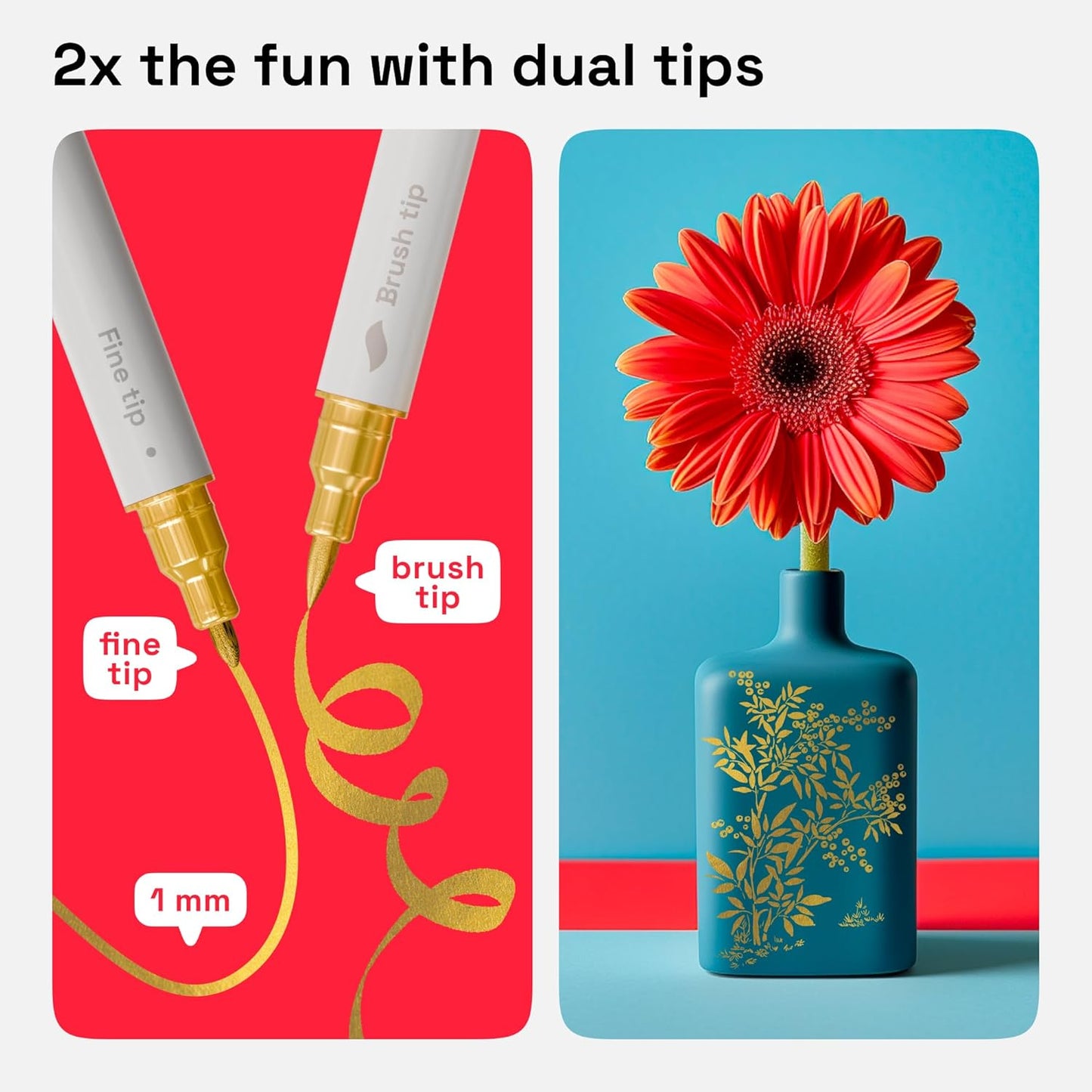 ARTISTRO 2 Gold Dual-Tip Acrylic Paint Pens - Multisurface Metallic Markers for Glass, Rock, Fabric, Wood, Plastic & More - 1 mm Fine & Brush Tips