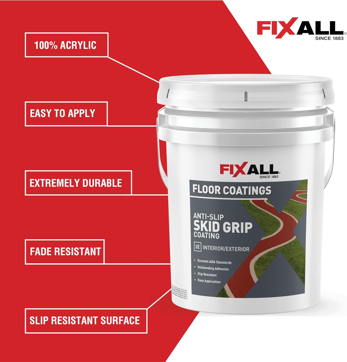 FIXALL Skid Grip Anti-Slip Coating, 5 Gallons, Crimson, Exceeds ADA Standards, Ideal for Safety Areas, Slip-Resistant Pavement, Cement & Concrete Paint