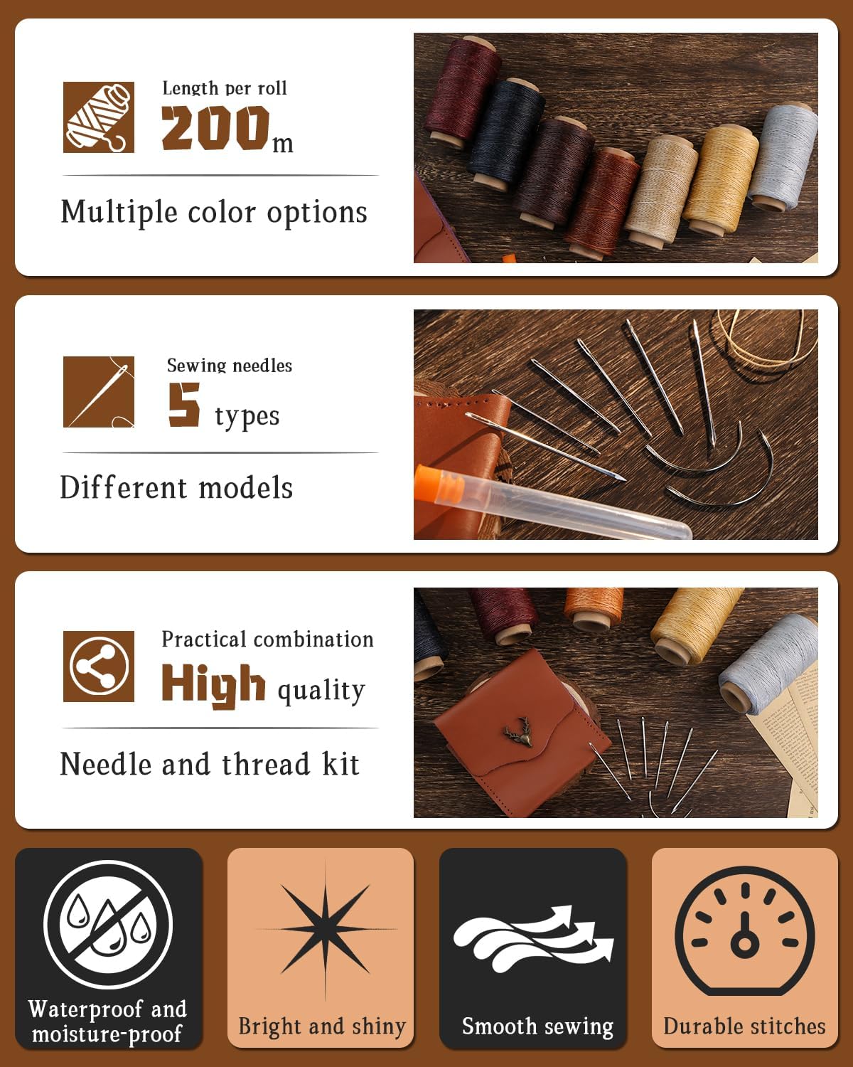 DIUDUS 218 Yards Upholstery Thread, Heavy Duty Thread for Hand Sewing, Sewing Kit with 9 Upholstery Needles for Hand Stitching Bookbinding Repair Canvas