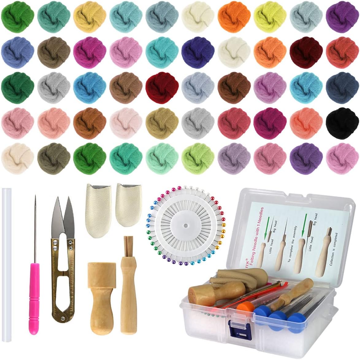 Needle Felting Kit, Needle Felting Wool Roving Set, Needle Felting Starter Kit Wool Felt Tools for Felting Wool DIY Craft Materials Needle Felting Supplies (50 Colors)