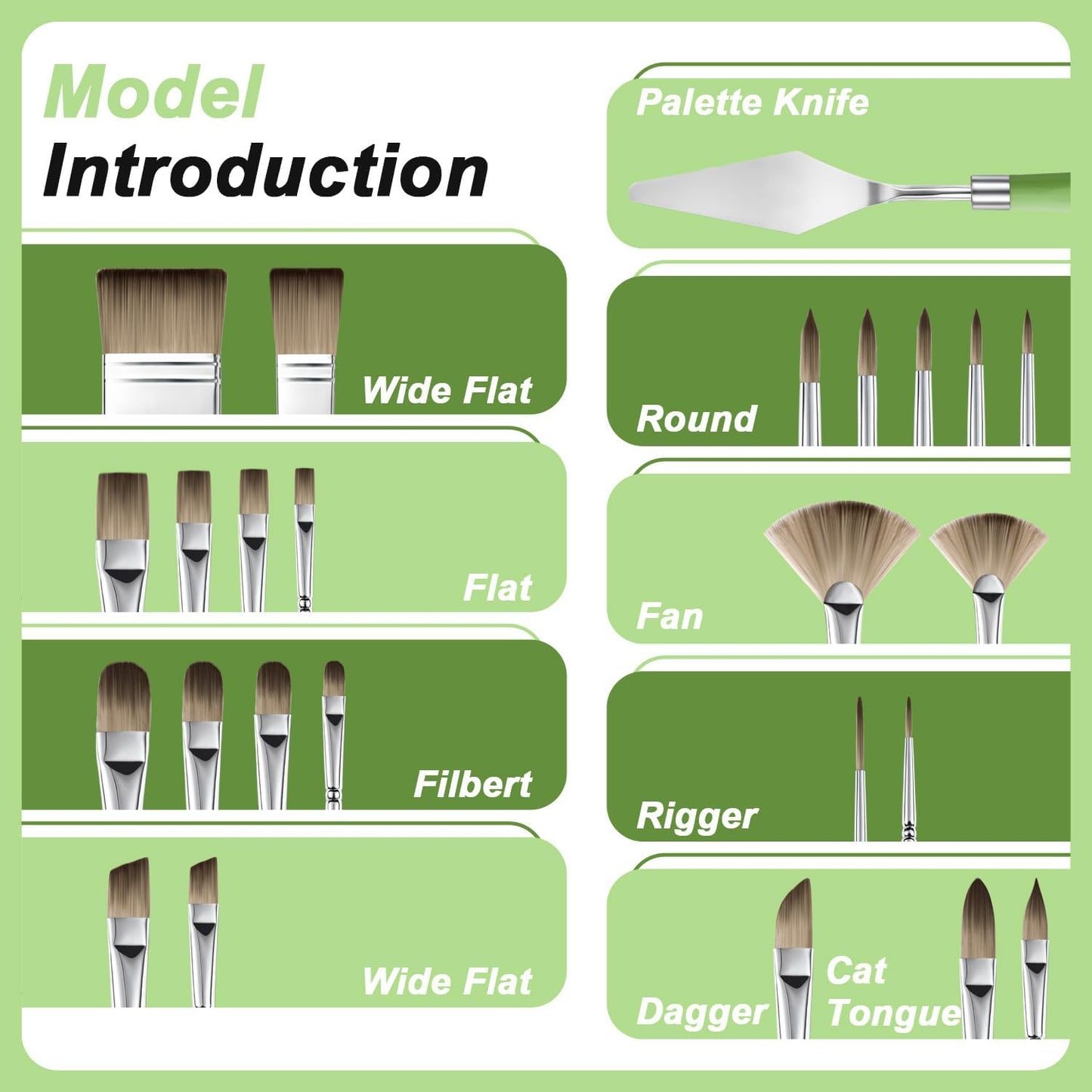 Paint Brushes Set of 25 Pieces Wooden Handles Brushes，Professional Artist Series with Filbert, Fan, Dagger, Cat Tongue, Round, Angle, Wide Flat Canvas Roll Bag & Palette Knife