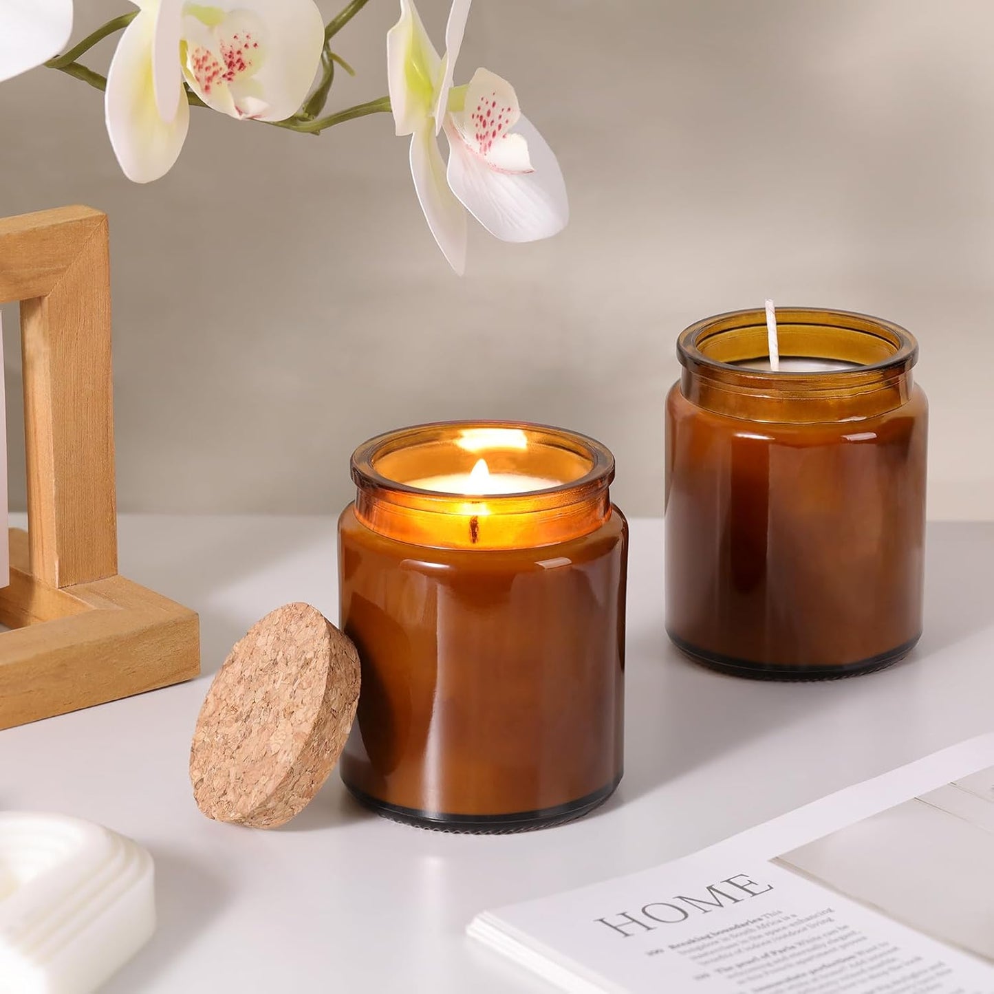 12Pcs Amber Candle Jars for Making Candles, 7.5oz Glass Jars with Wooden Lids and Labels, Candle Containers for DIY, Gifts, Candle Making Supplies, Table Decor
