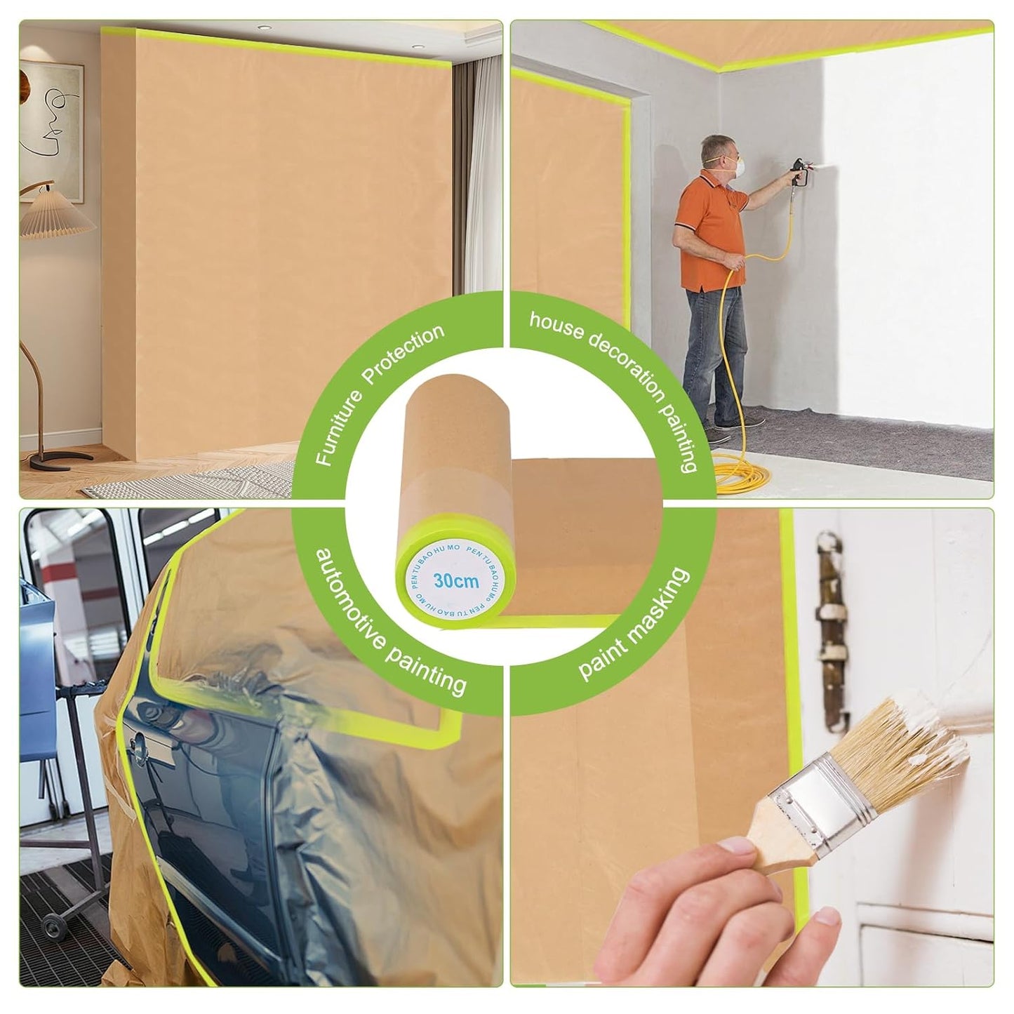 2 Roll 12Inchx50Feet Pre-Taped Masking Paper Roll - Heavy Painters Paper with Adhesive, Tear-Resistant for Auto Body, Wall Painting, Floor Protection, Furniture&DIY Projects (2, 12inch*50feet)