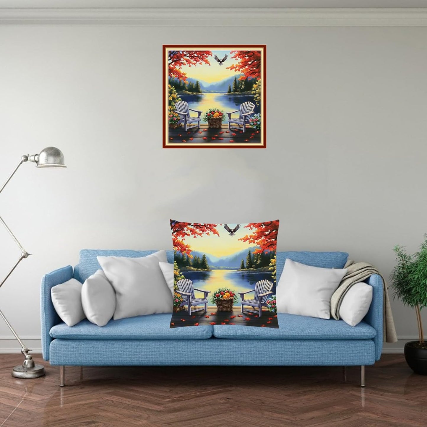 Fanxvivy Stamped Cross Stitch Kits for Adults Beginners Pillow Needlepoint Kit with Embroidery Pattern Needlework Kit Prestamped Stitches Kit 11CT Cross Stitching-Drinking Tea by The Lake 18x18 inch