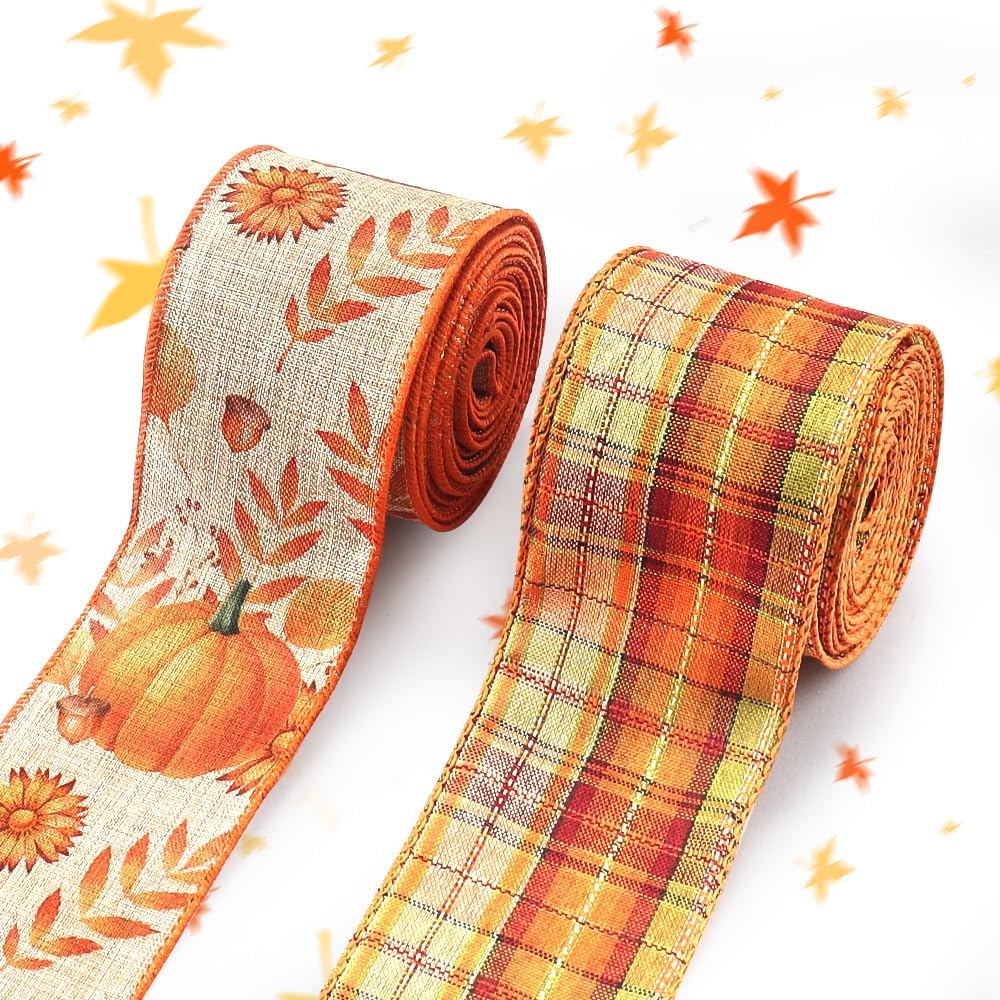 Threetols 2 Rolls 10 Yards Fall Wired Edge Ribbons, 2.5inch Orange Plaid Burlap Ribbons, Autumn Leaves Pumpkin Ribbon for Thanksgiving Party DIY Craft Fall Wreath Bow Decor