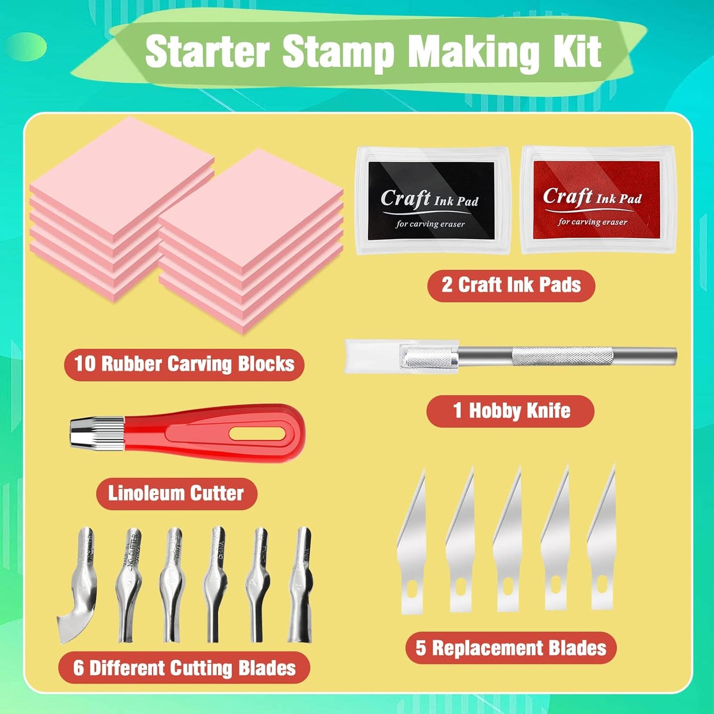 WAYCOM 10-Pack Linoleum Blocks for Printmaking with Cutter Tools, Rubber Stamp Making Kit Rubber Block Stamp Carving Blocks Craft Ink Pad Hobby Knife Pencil for DIY Printmaking,Printing and More